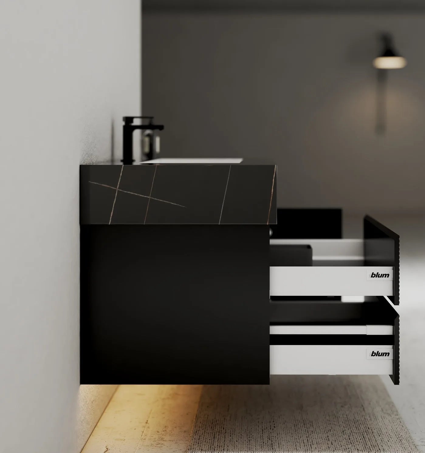 Aventino 32-48" Black Fluted Floating Single-Sink Vanity with Sintered Stone Top