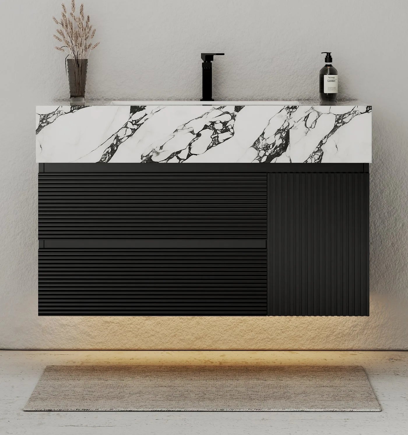 Aventino 32-48" Black Fluted Floating Single-Sink Vanity with Sintered Stone Top
