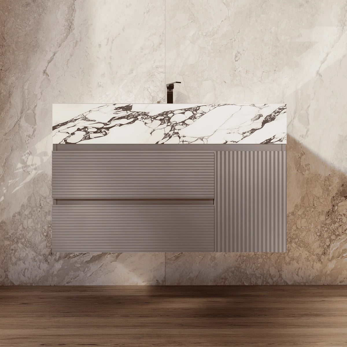 Aventino 32-48-inch calacatta black fluted floating single-sink vanity — sintered stone top