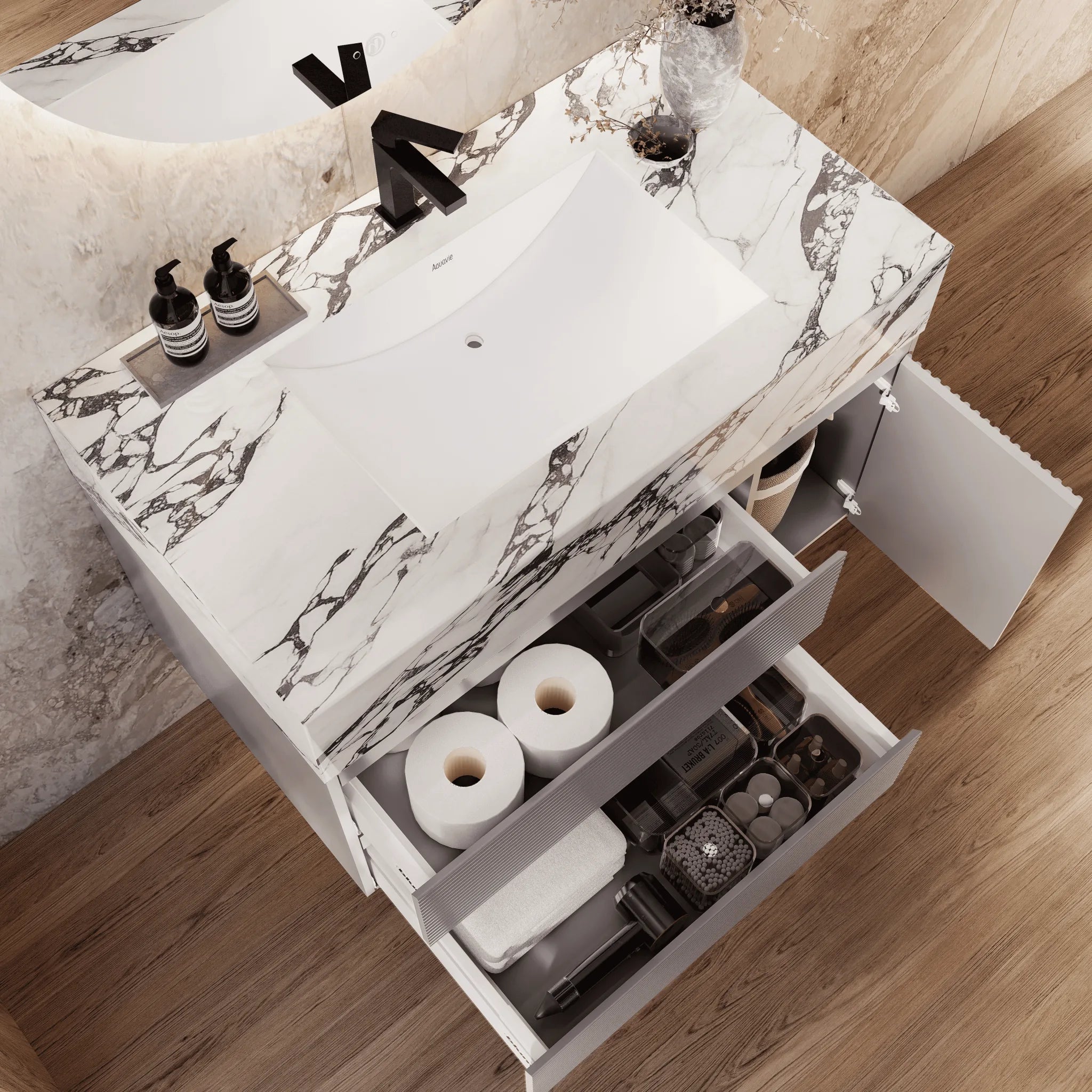 Aventino 32"/40"/48" Light Grey Fluted Floating Single-Sink Vanity with Sintered Stone Top