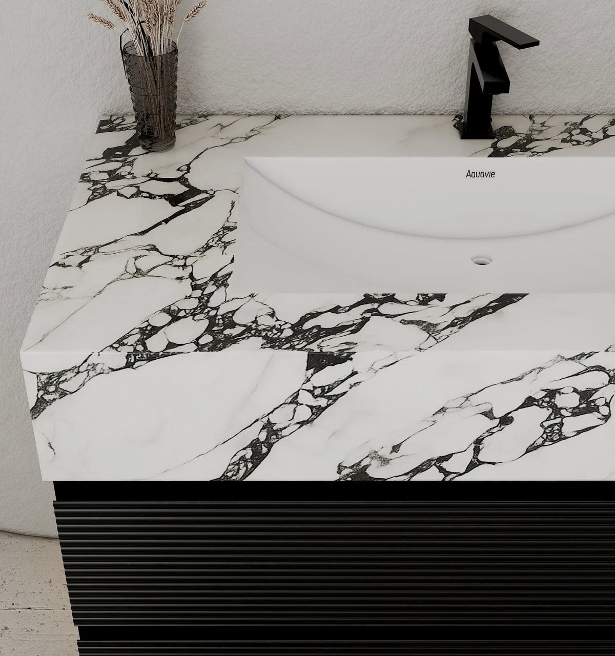 Aventino 32-48" Calacatta Black single-sink fluted floating vanity — sintered stone top