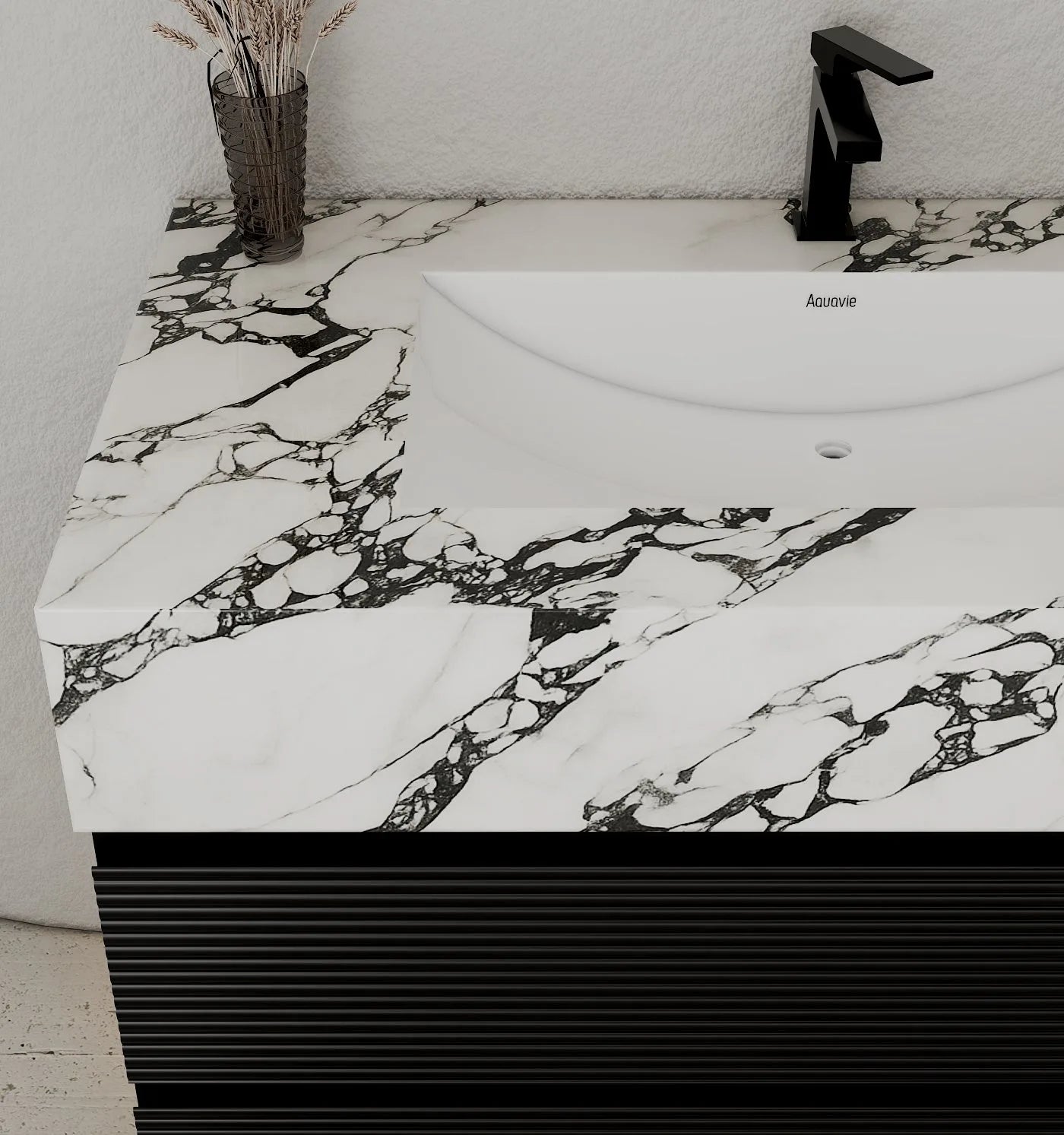 Aventino 32-48" Black Fluted Floating Single-Sink Vanity with Sintered Stone Top
