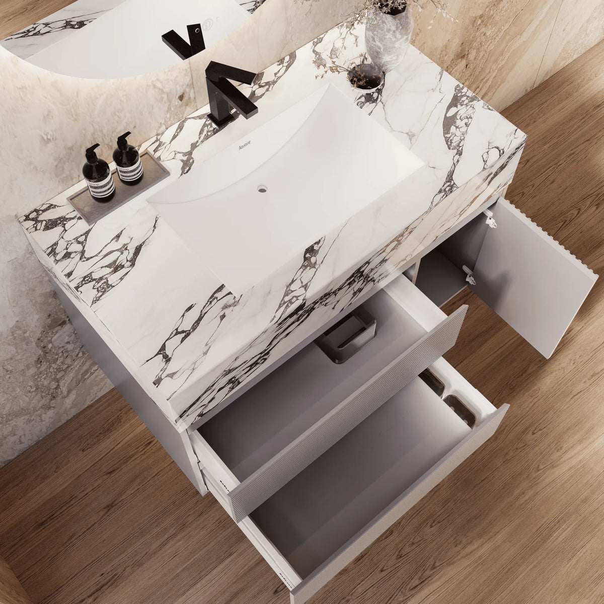 Aventino 32-48-inch calacatta black fluted floating single-sink vanity — sintered stone top