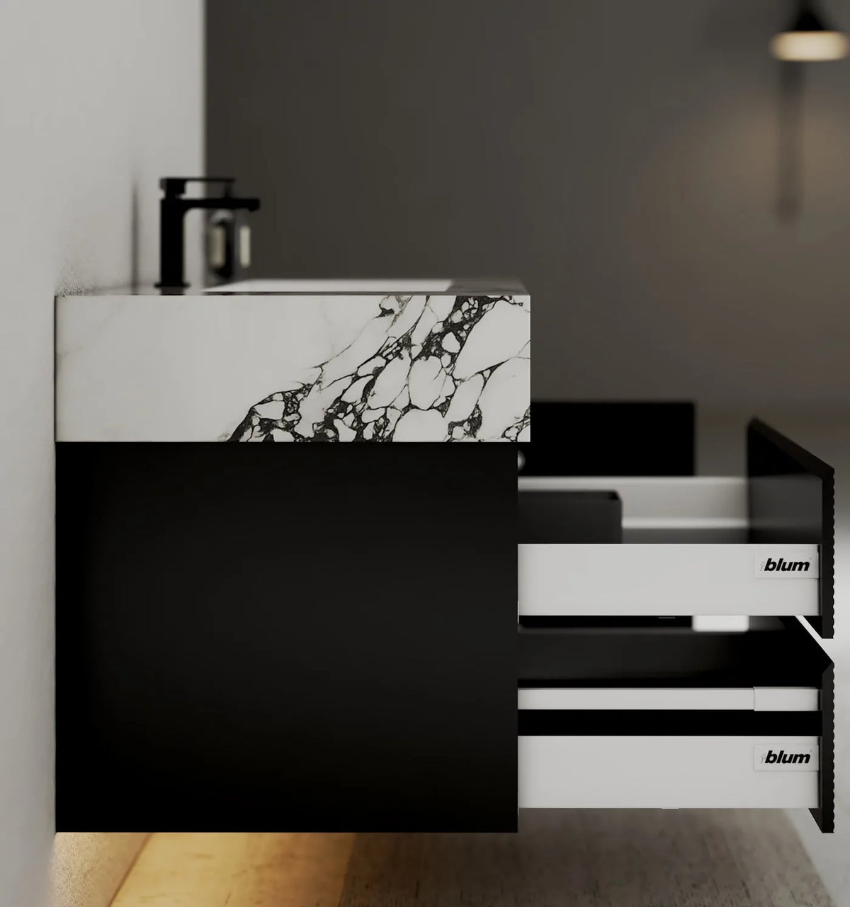 Aventino 32-48" Calacatta Black single-sink fluted floating vanity — sintered stone top