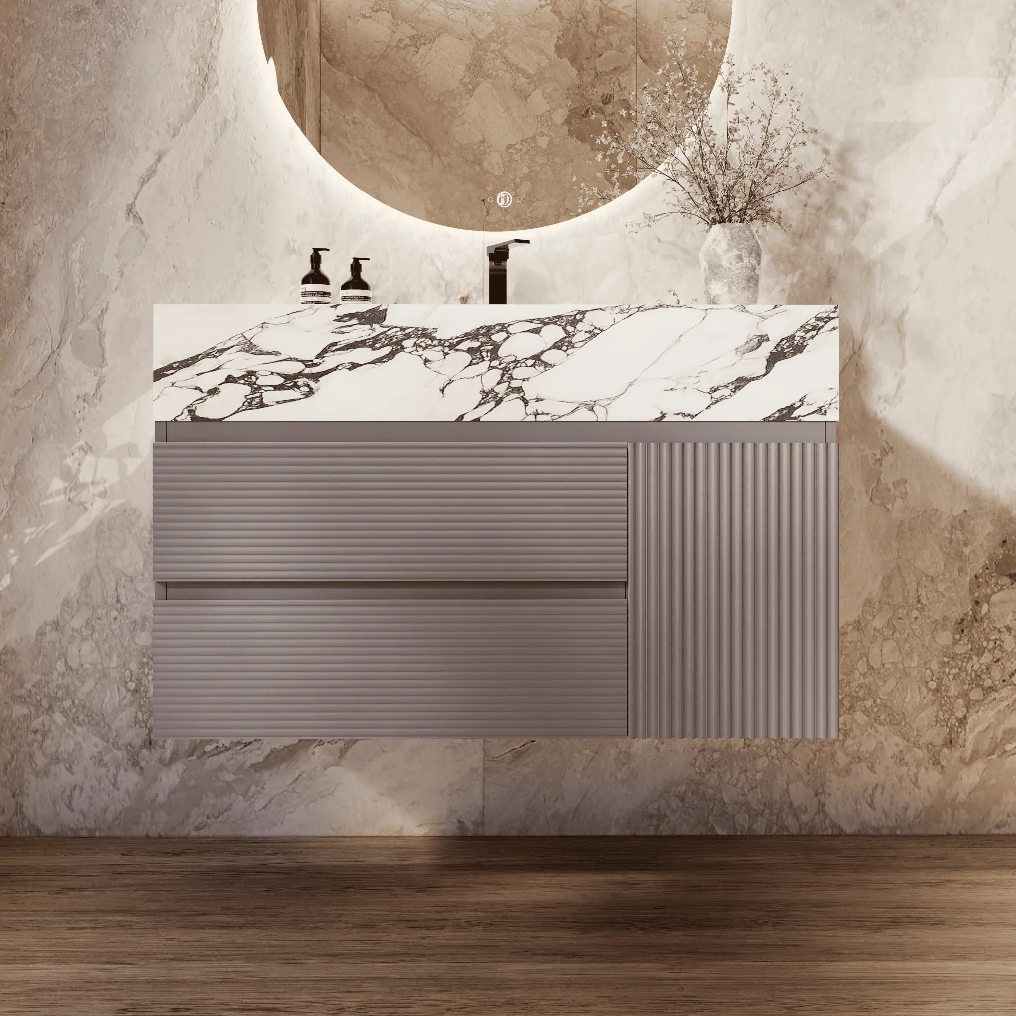 Aventino 32"/40"/48" Light Grey Fluted Floating Single-Sink Vanity with Sintered Stone Top