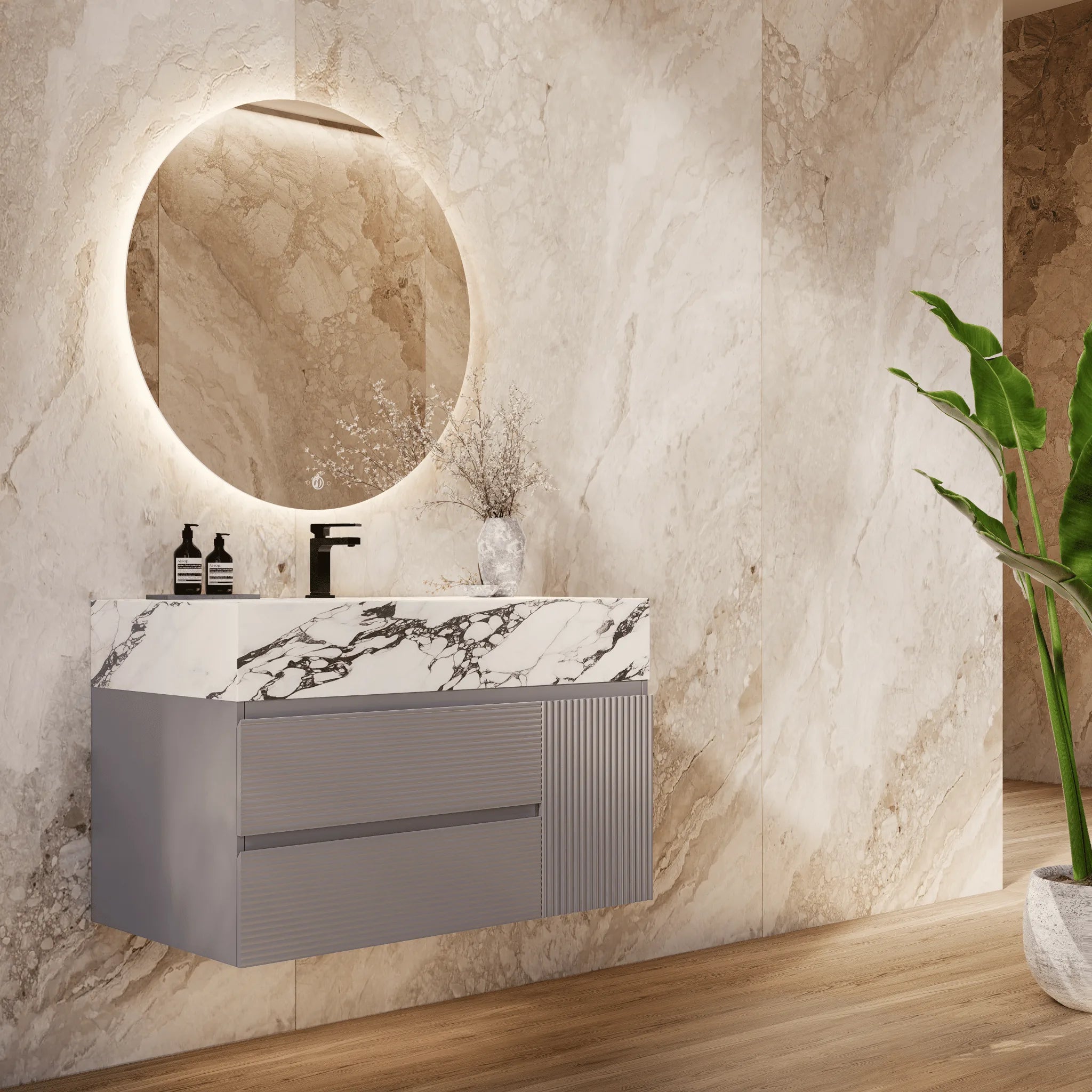 Aventino 32"/40"/48" Light Grey Fluted Floating Single-Sink Vanity with Sintered Stone Top