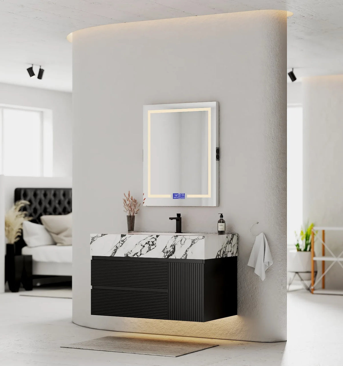 Aventino 32-48" Calacatta Black single-sink fluted floating vanity — sintered stone top