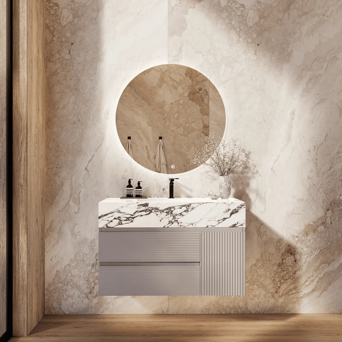 Aventino 32-48-inch calacatta black fluted floating single-sink vanity — sintered stone top