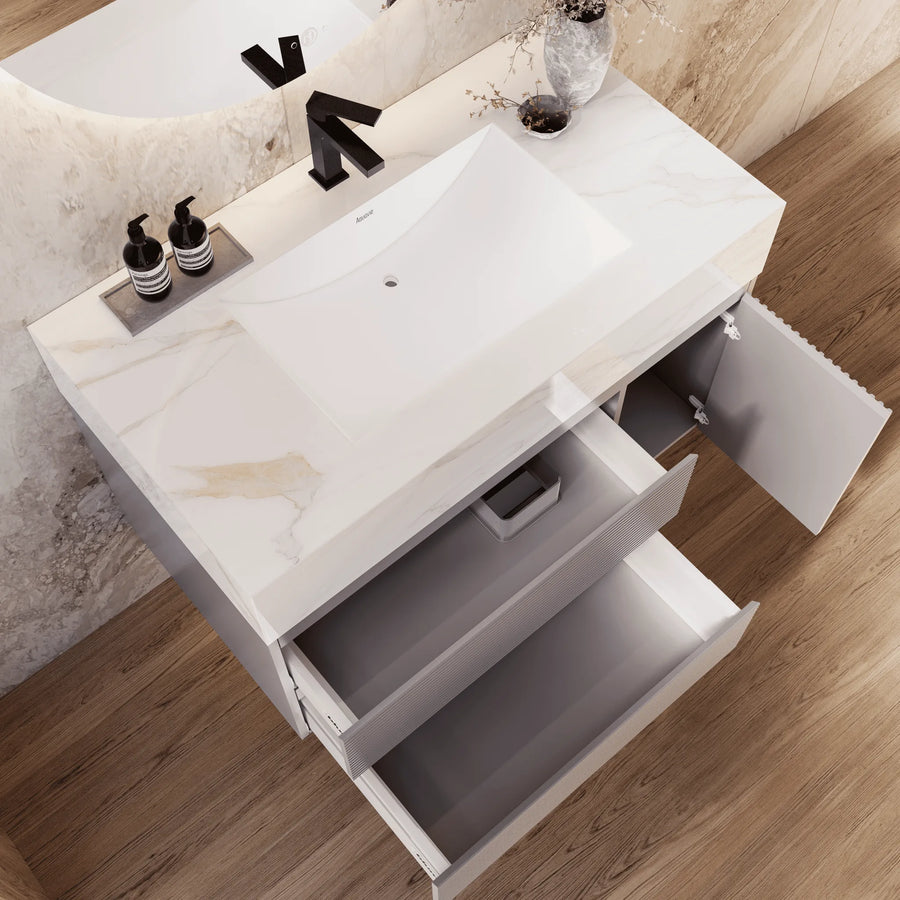 Aventino vanity with drawers open — Blum TandemBox soft-close slides