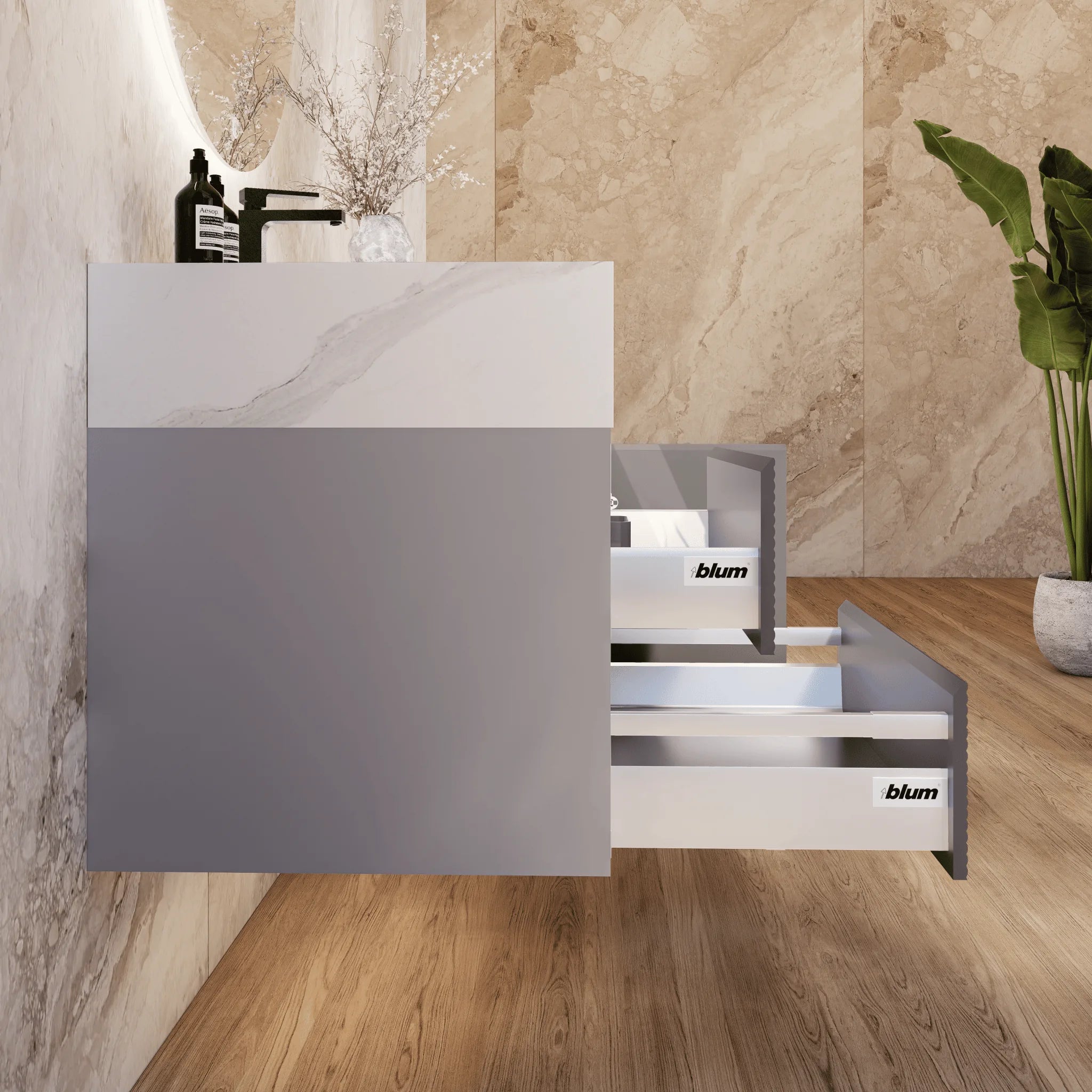 Aventino 32"/40"/48" Light Grey Fluted Floating Single-Sink Vanity with Sintered Stone Top