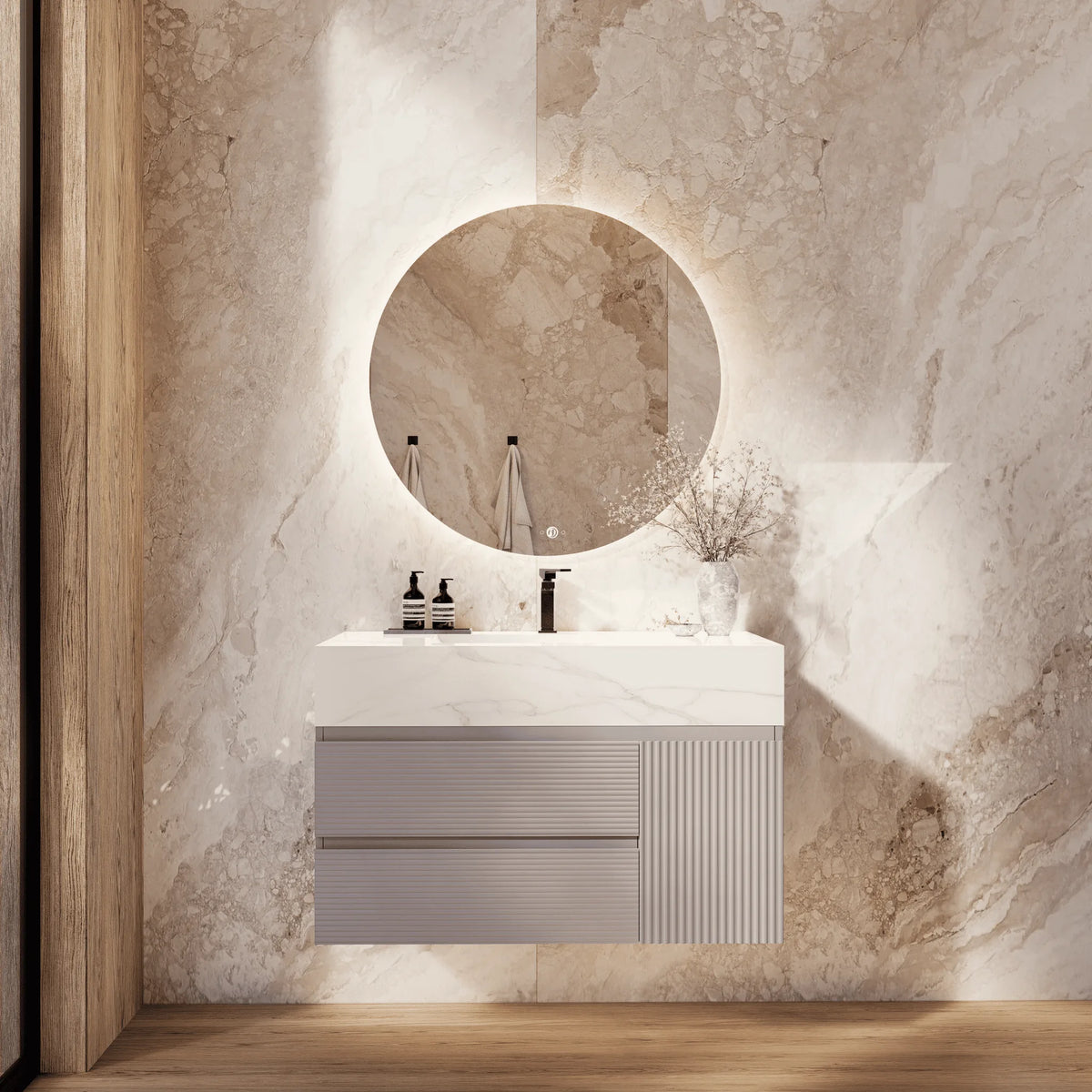 Aventino 32-48-inch calacatta gold fluted floating single-sink vanity — sintered stone top