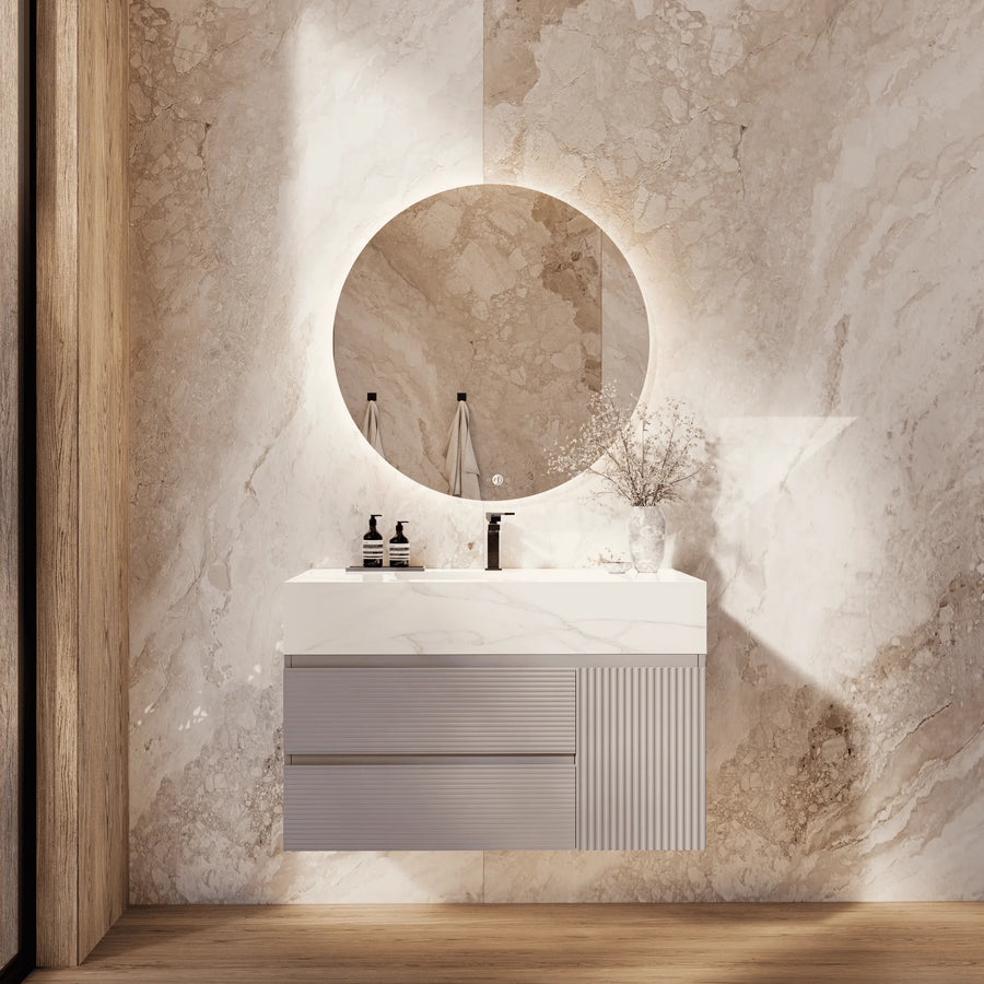 Aventino 32"/40"/48" Light Grey Fluted Floating Single-Sink Vanity with Sintered Stone Top