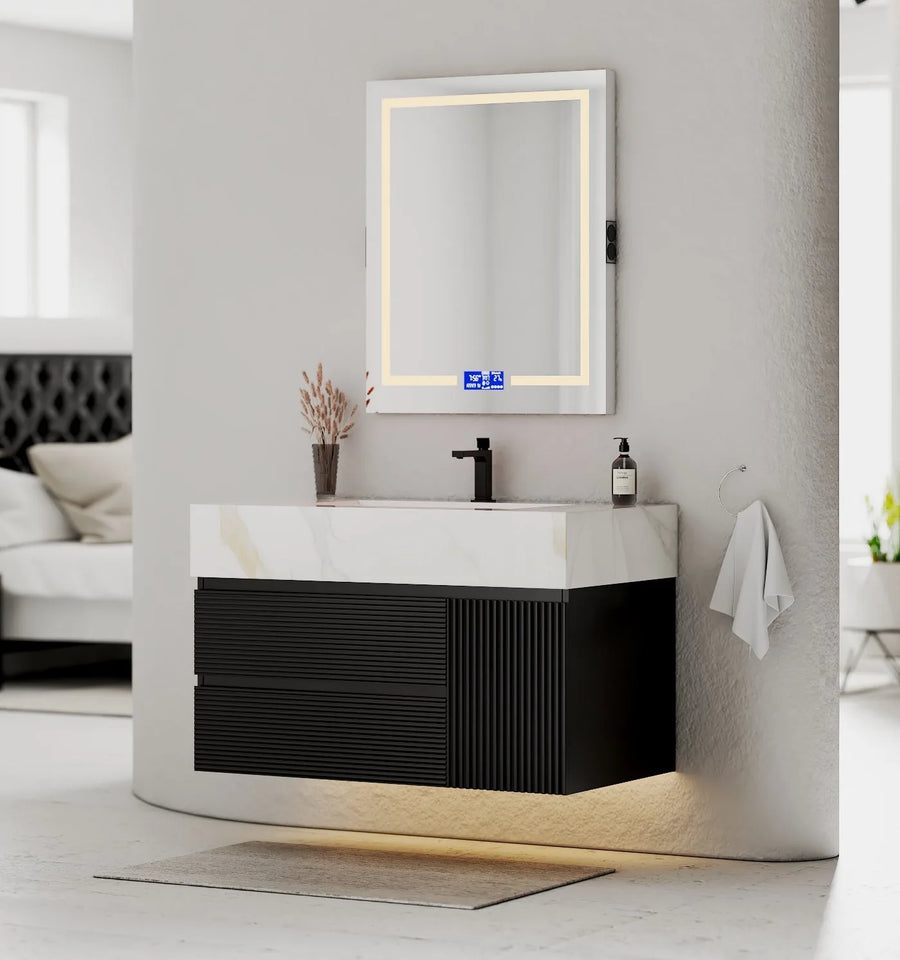 Aventino 32-48" Black Fluted Floating Single-Sink Vanity with Sintered Stone Top