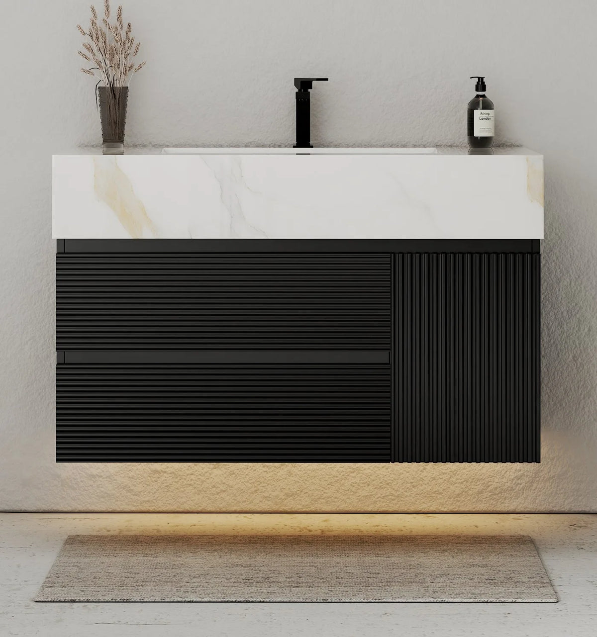 Aventino 32-48" Calacatta Gold single-sink fluted floating vanity — sintered stone top