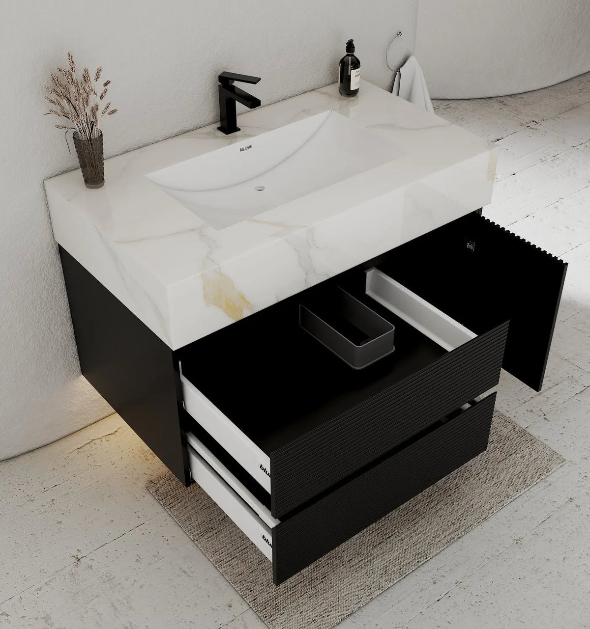 Aventino 32-48" Calacatta Gold single-sink fluted floating vanity — sintered stone top