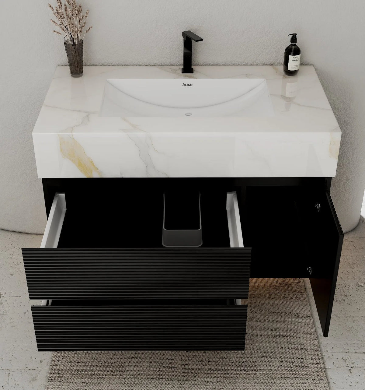 Aventino 32-48" Calacatta Gold single-sink fluted floating vanity — sintered stone top