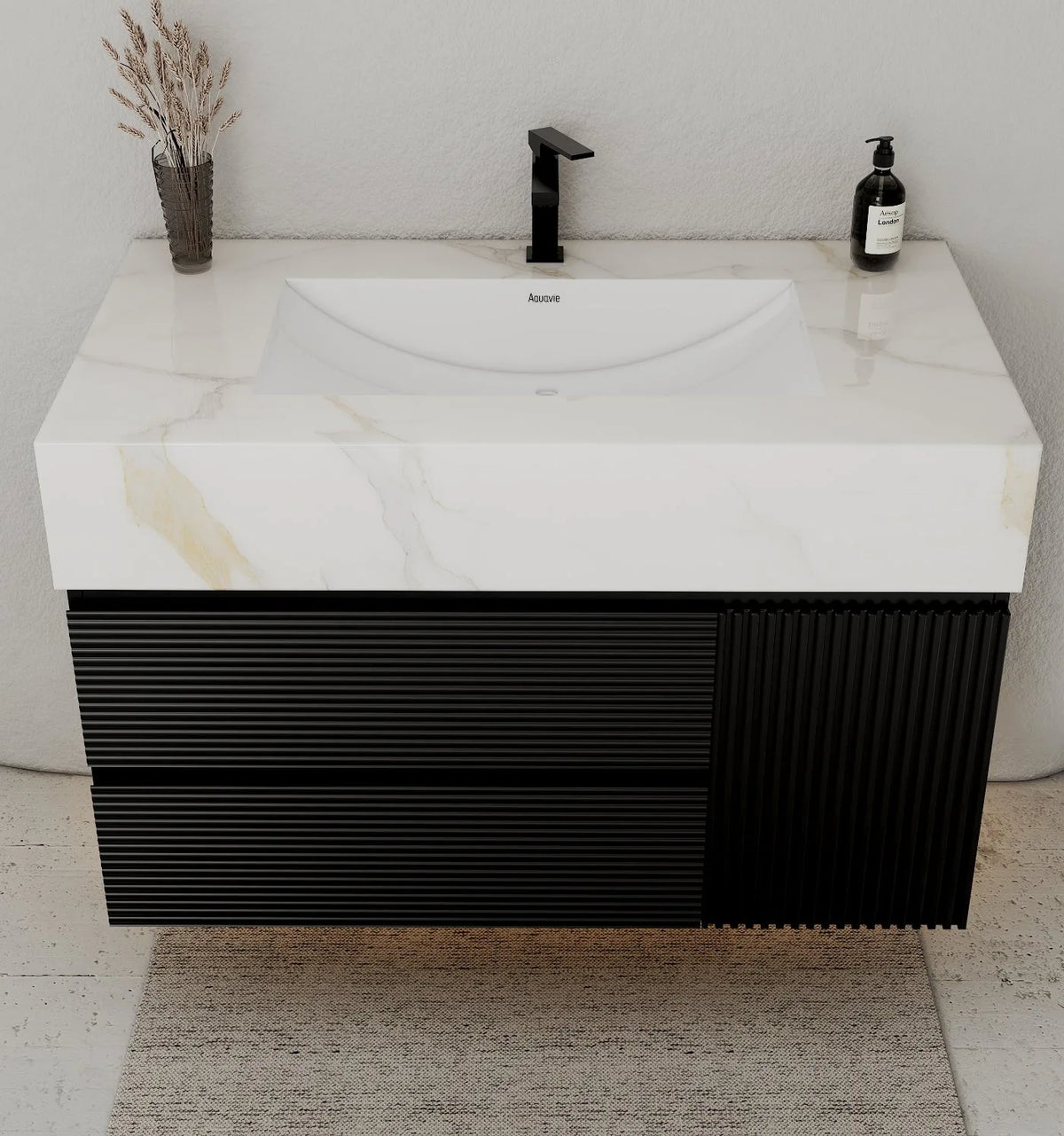 Aventino 32-48" Calacatta Gold single-sink fluted floating vanity — sintered stone top