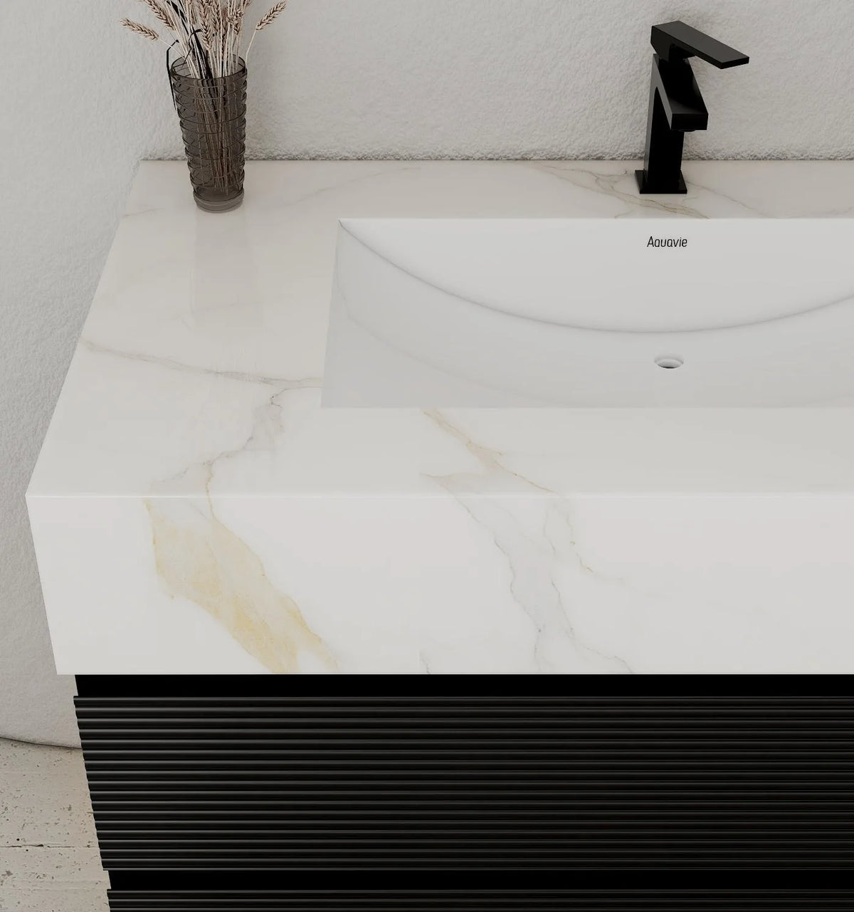 Aventino 32-48" Calacatta Gold single-sink fluted floating vanity — sintered stone top
