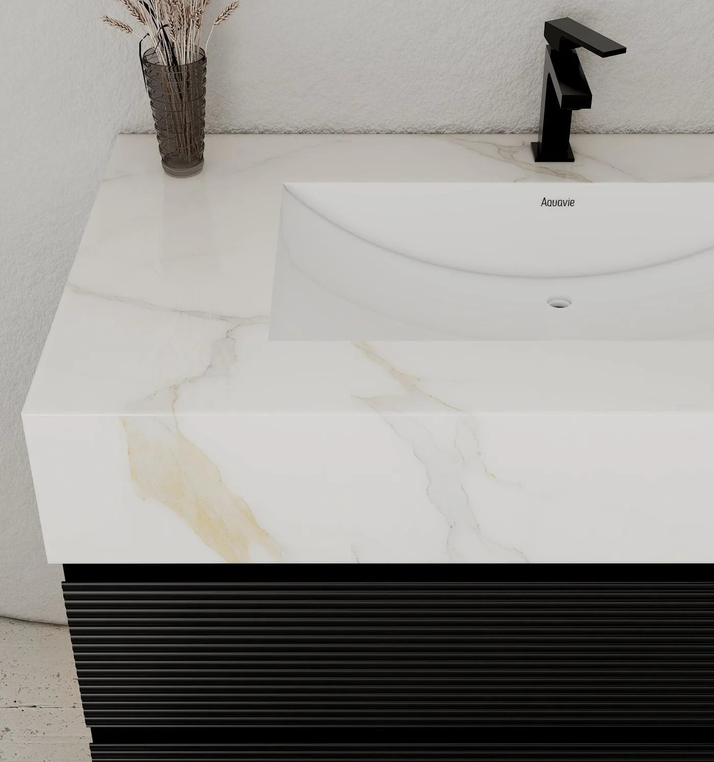 Aventino 32-48" Black Fluted Floating Single-Sink Vanity with Sintered Stone Top