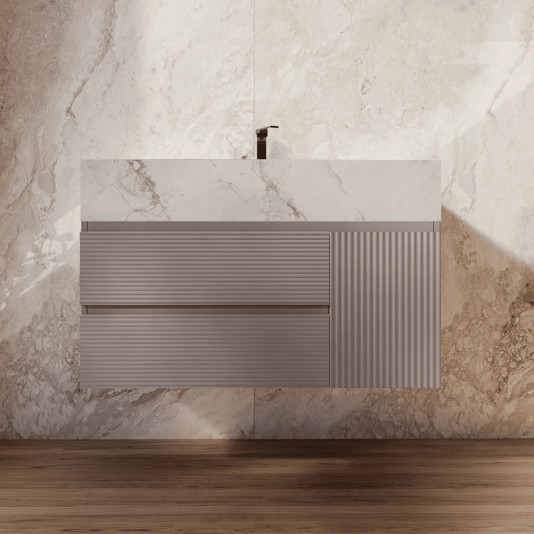 Aventino 32"/40"/48" Light Grey Fluted Floating Single-Sink Vanity with Sintered Stone Top