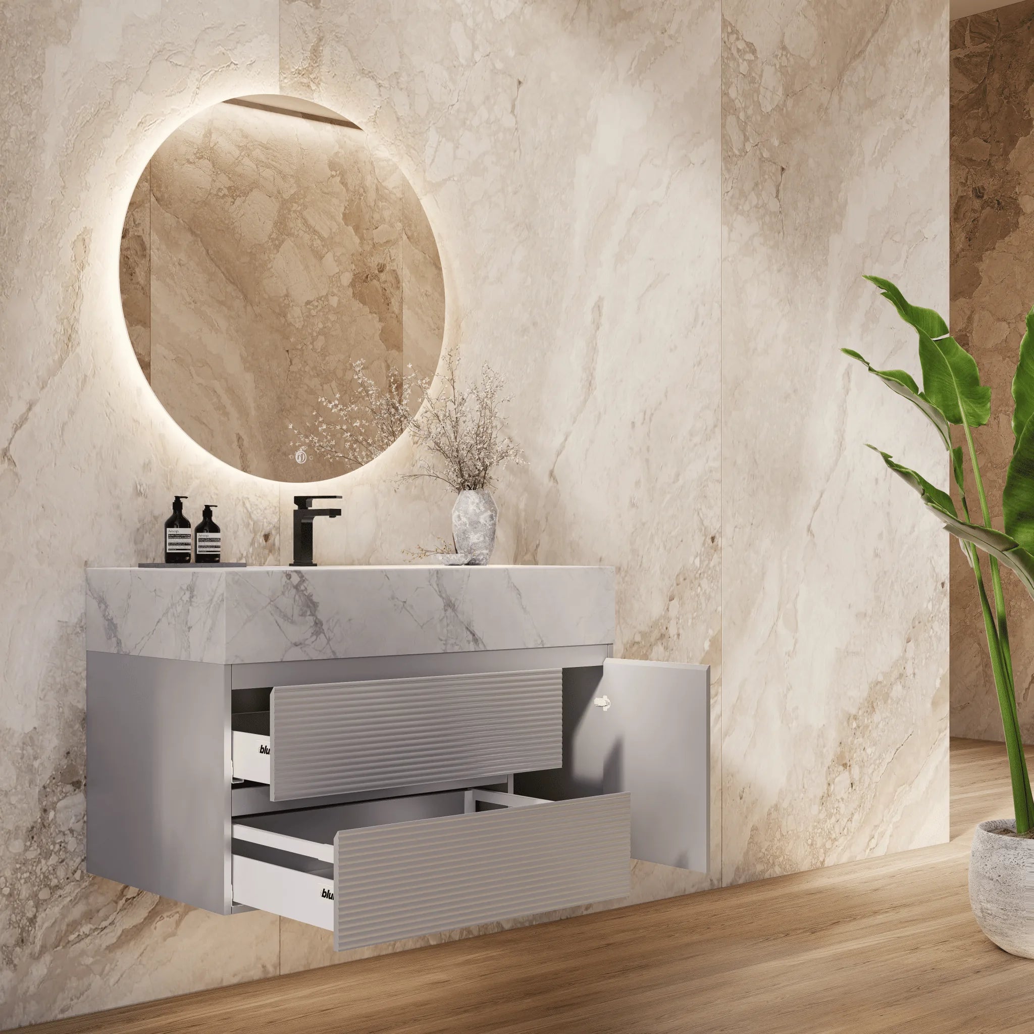 Aventino 32"/40"/48" Light Grey Fluted Floating Single-Sink Vanity with Sintered Stone Top