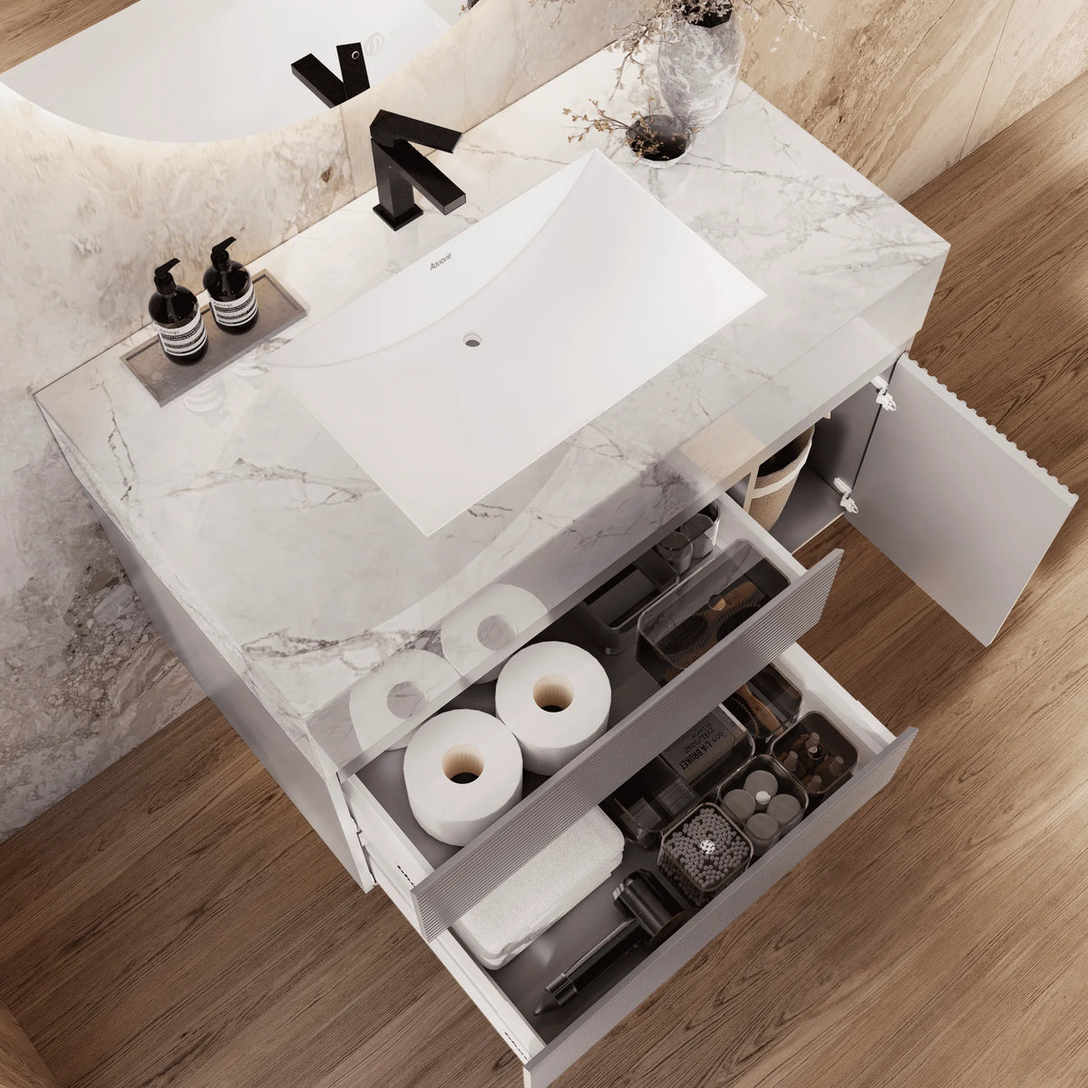Aventino 32-48-inch ice grey fluted floating single-sink vanity — sintered stone top