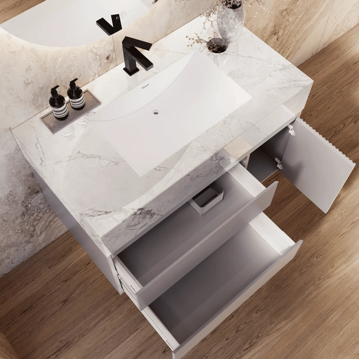 Aventino 32-48-inch ice grey fluted floating single-sink vanity — sintered stone top