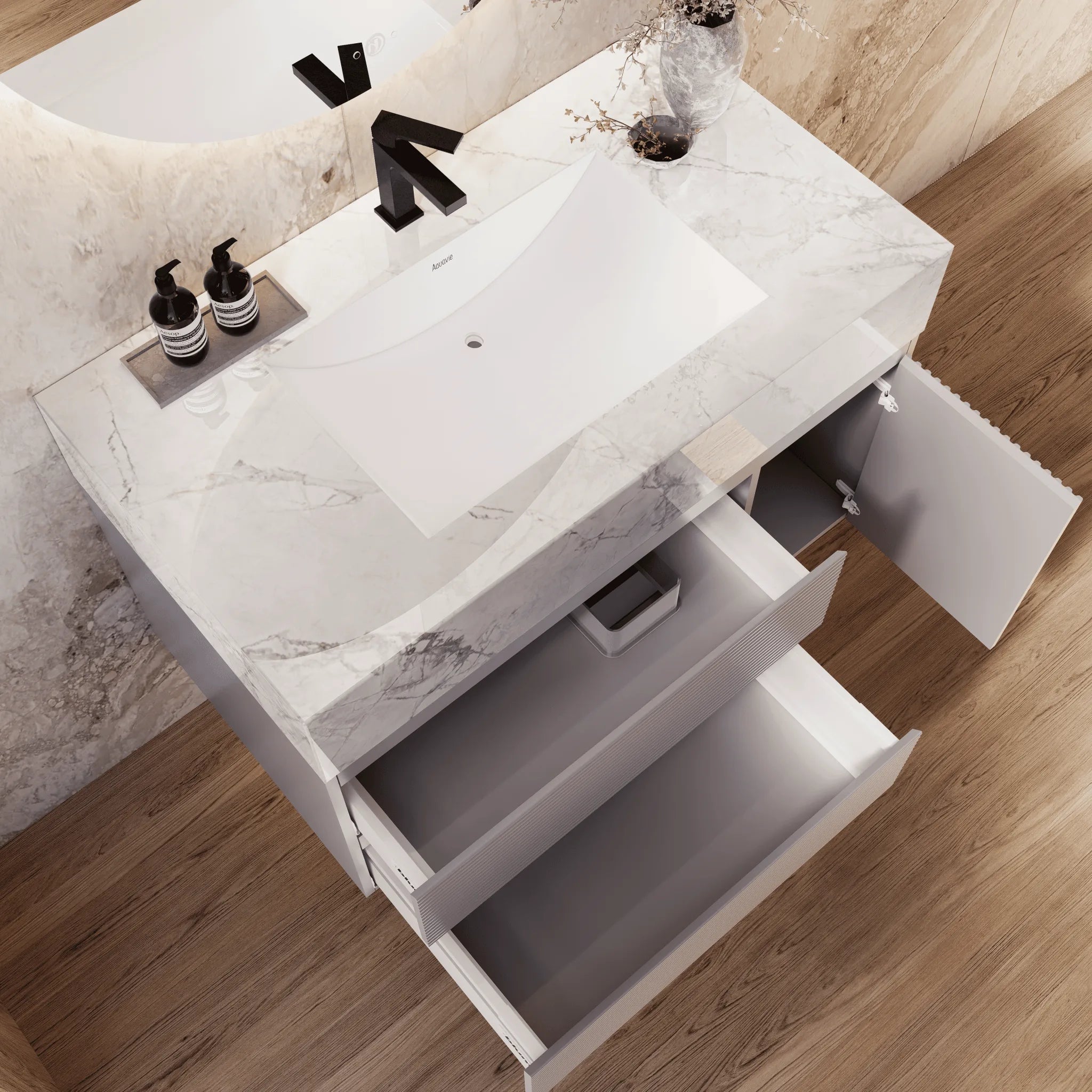 Aventino 32"/40"/48" Light Grey Fluted Floating Single-Sink Vanity with Sintered Stone Top