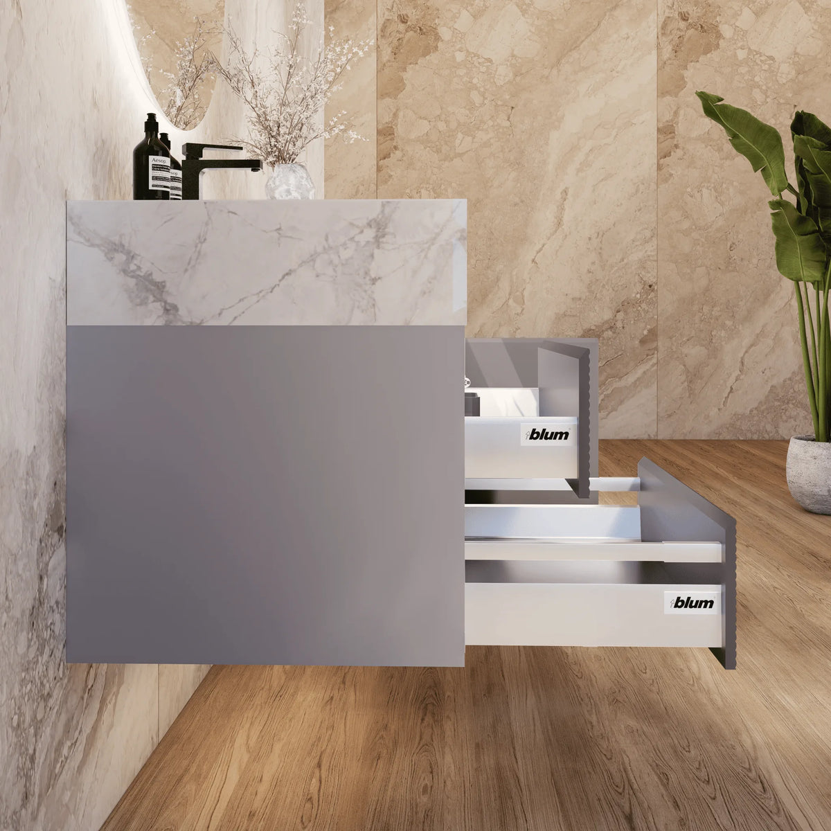 Aventino 32-48-inch ice grey fluted floating single-sink vanity — sintered stone top