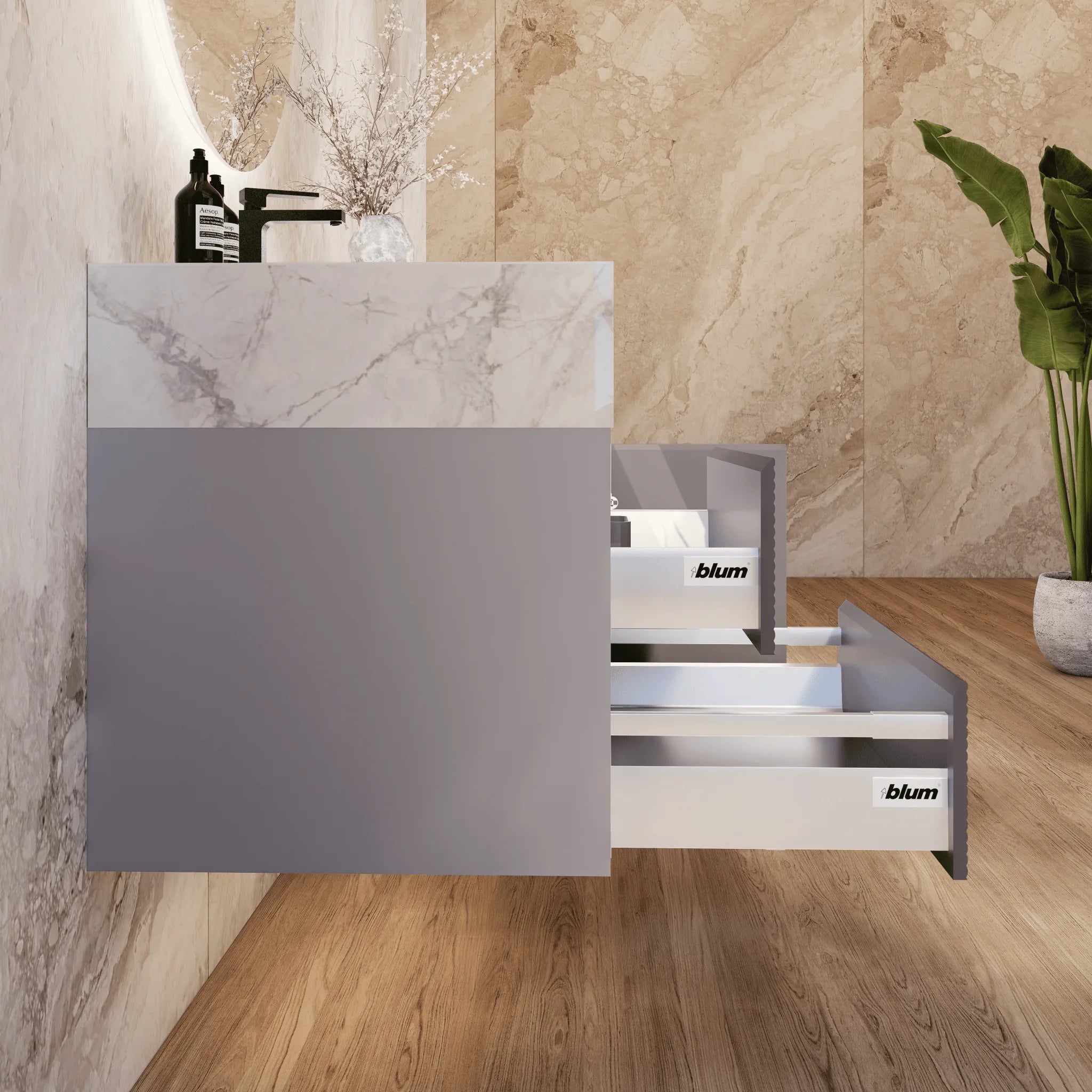 Aventino 32"/40"/48" Light Grey Fluted Floating Single-Sink Vanity with Sintered Stone Top