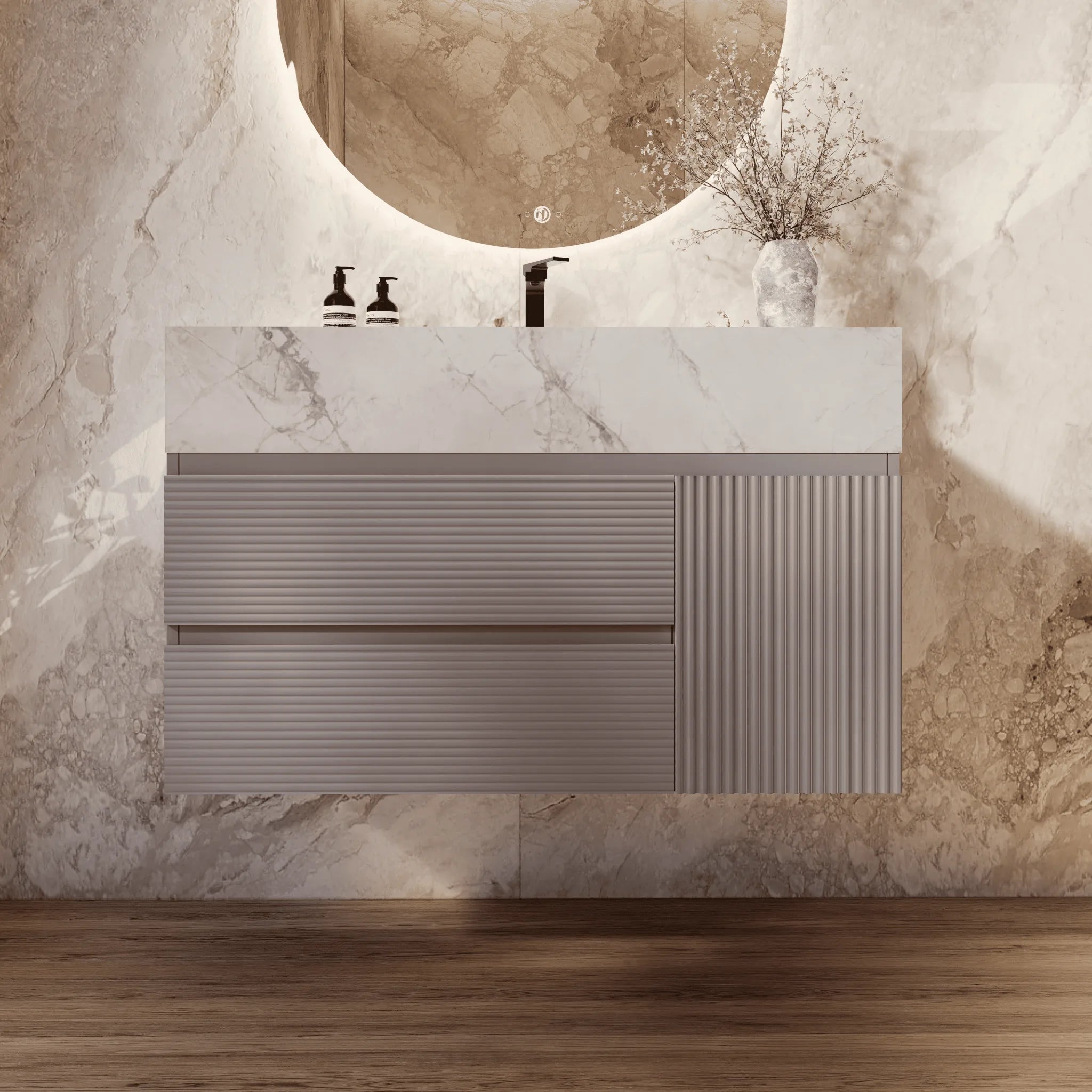 Aventino 32"/40"/48" Light Grey Fluted Floating Single-Sink Vanity with Sintered Stone Top