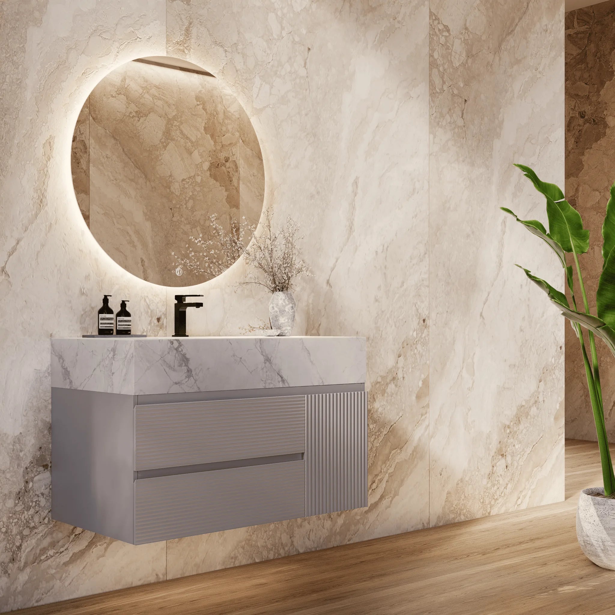 Aventino 32"/40"/48" Light Grey Fluted Floating Single-Sink Vanity with Sintered Stone Top
