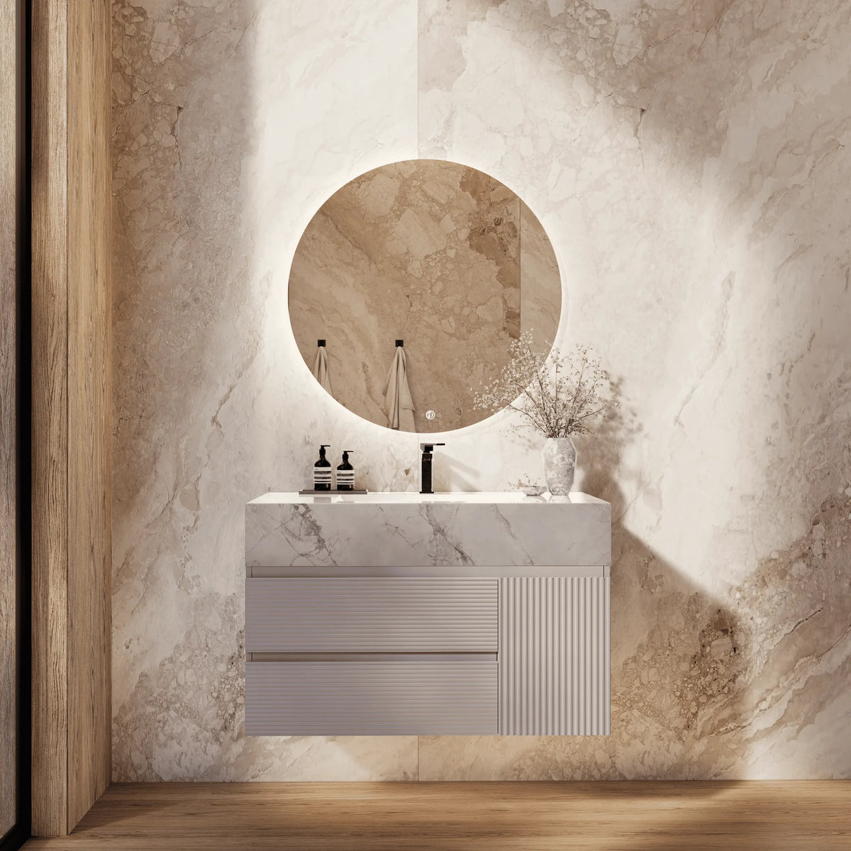 Aventino 32-48-inch ice grey fluted floating single-sink vanity — sintered stone top
