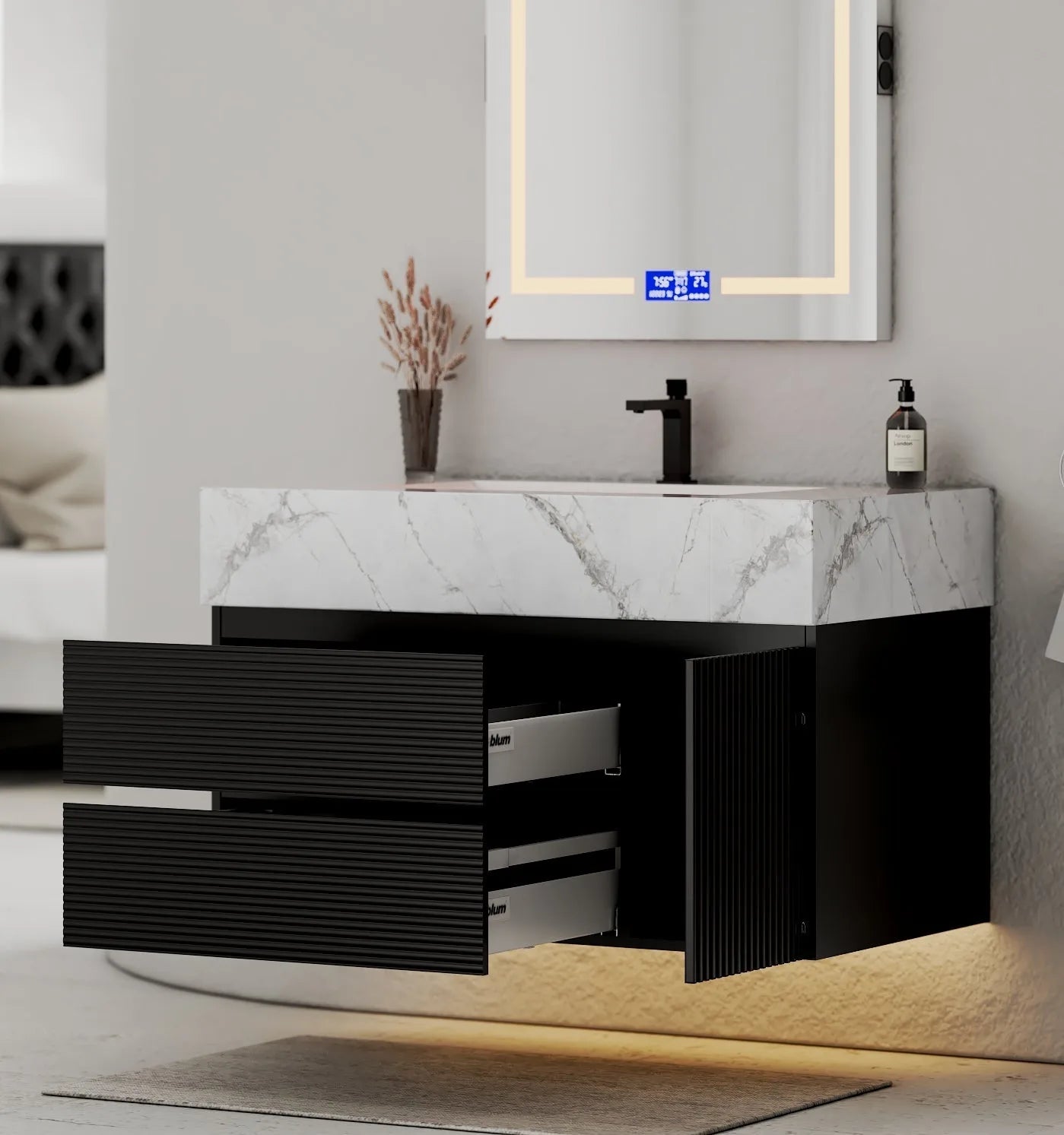 Aventino 32-48" Black Fluted Floating Single-Sink Vanity with Sintered Stone Top