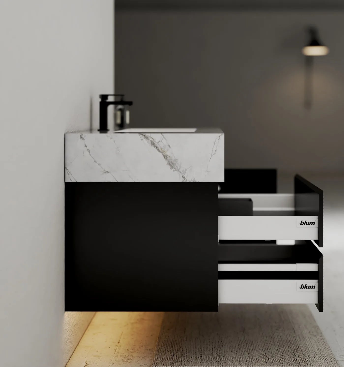 Aventino 32-48" Black Fluted Floating Single-Sink Vanity with Sintered Stone Top