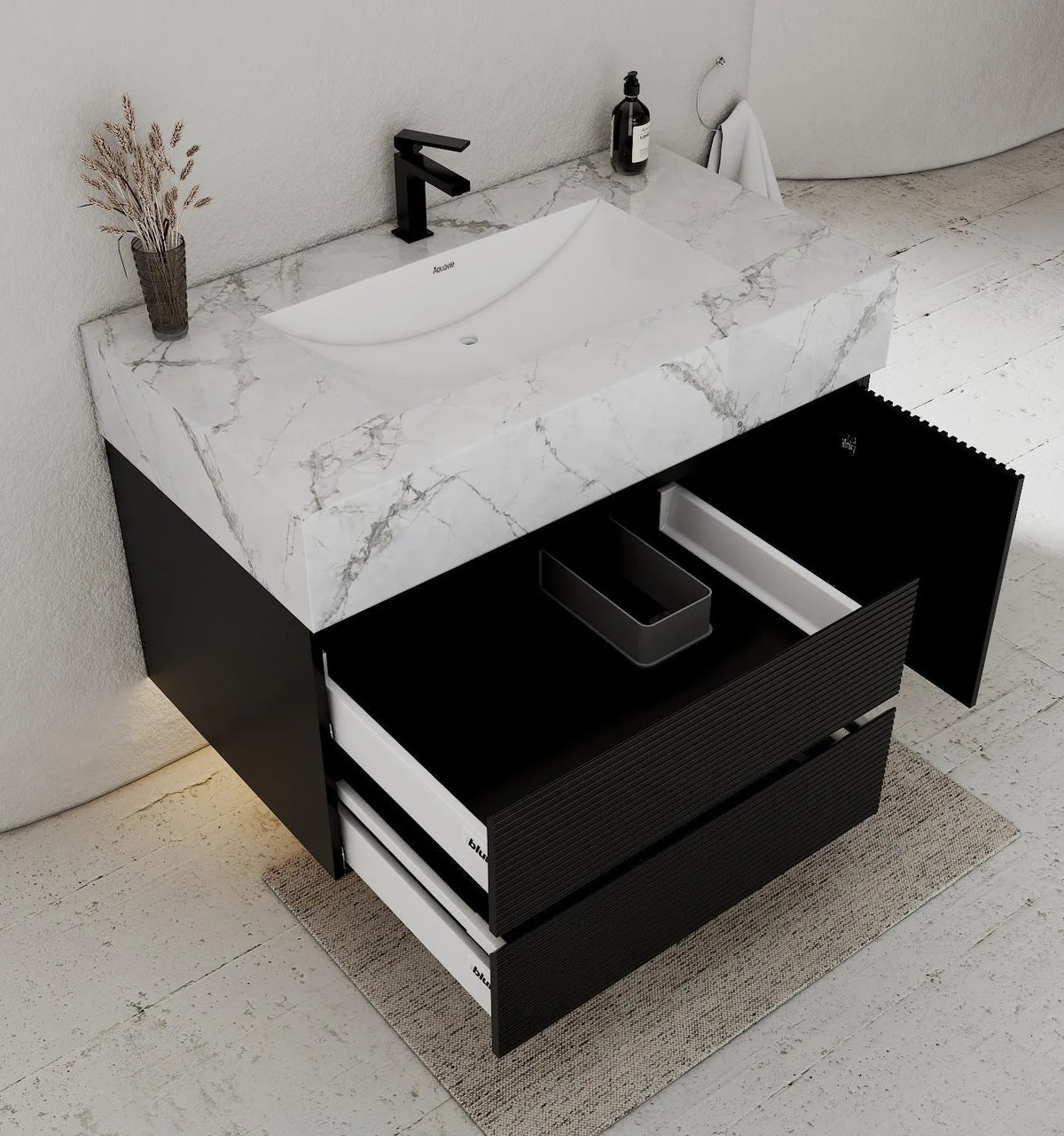 Aventino 32-48" Ice Grey single-sink fluted floating vanity — sintered stone top