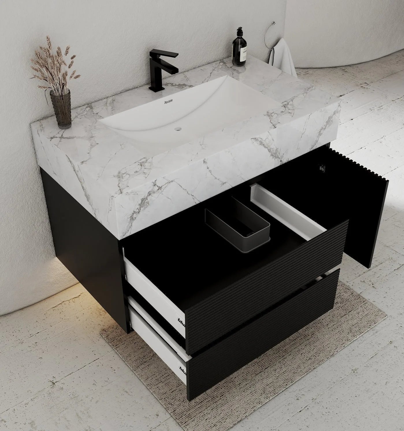 Aventino 32-48" Black Fluted Floating Single-Sink Vanity with Sintered Stone Top
