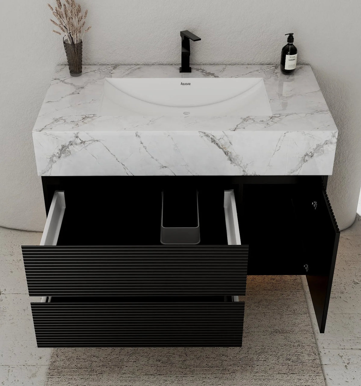 Aventino 32-48" Ice Grey single-sink fluted floating vanity — sintered stone top