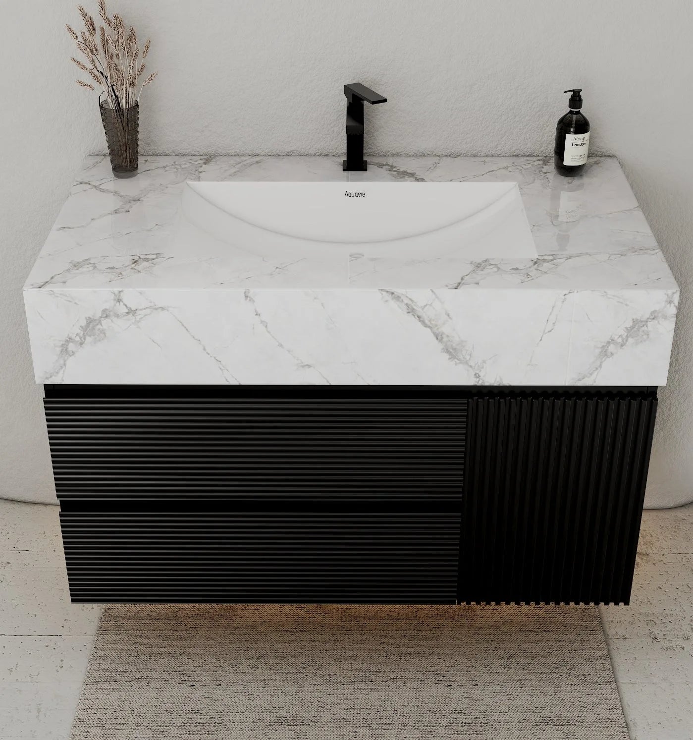Aventino 32-48" Black Fluted Floating Single-Sink Vanity with Sintered Stone Top