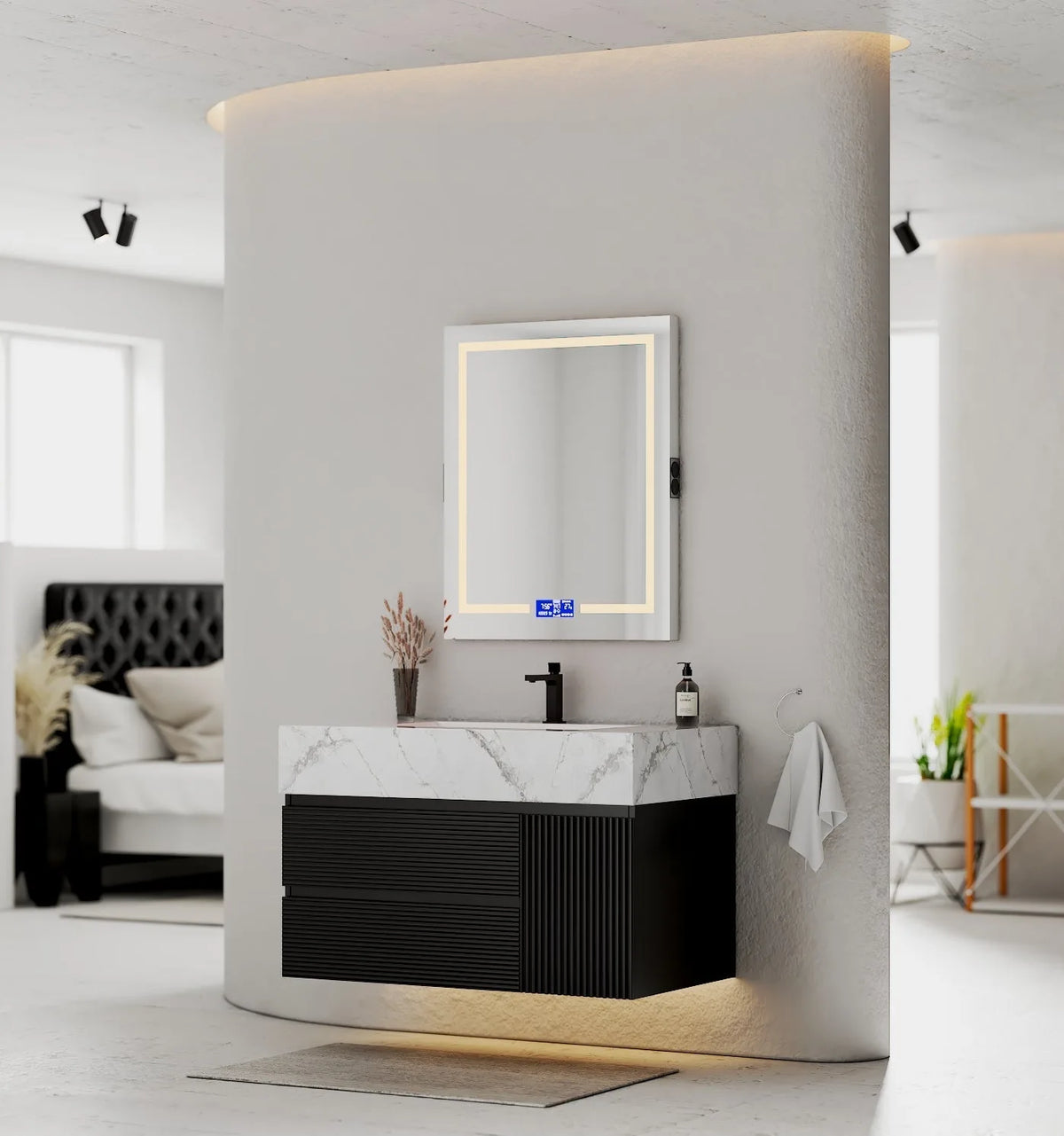 Aventino 32-48" Ice Grey single-sink fluted floating vanity — sintered stone top