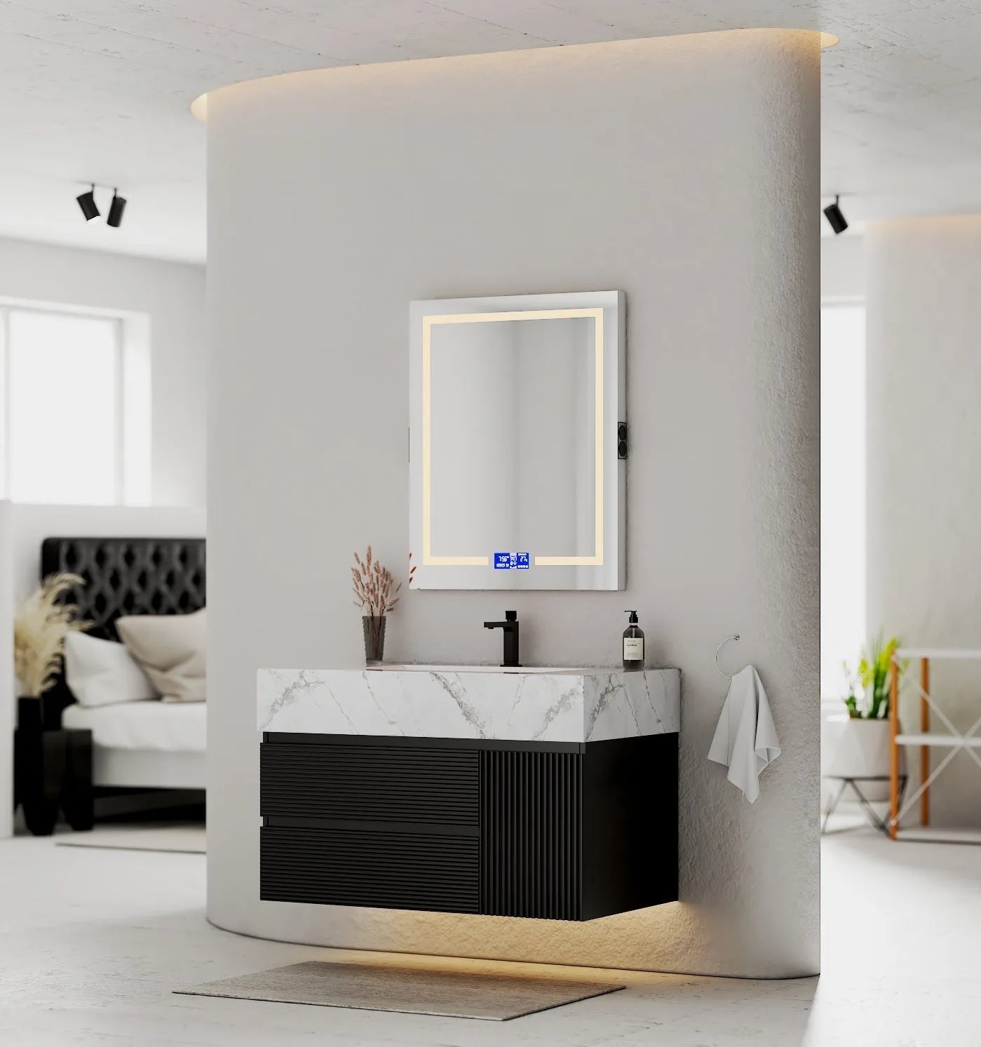 Aventino 32-48" Black Fluted Floating Single-Sink Vanity with Sintered Stone Top
