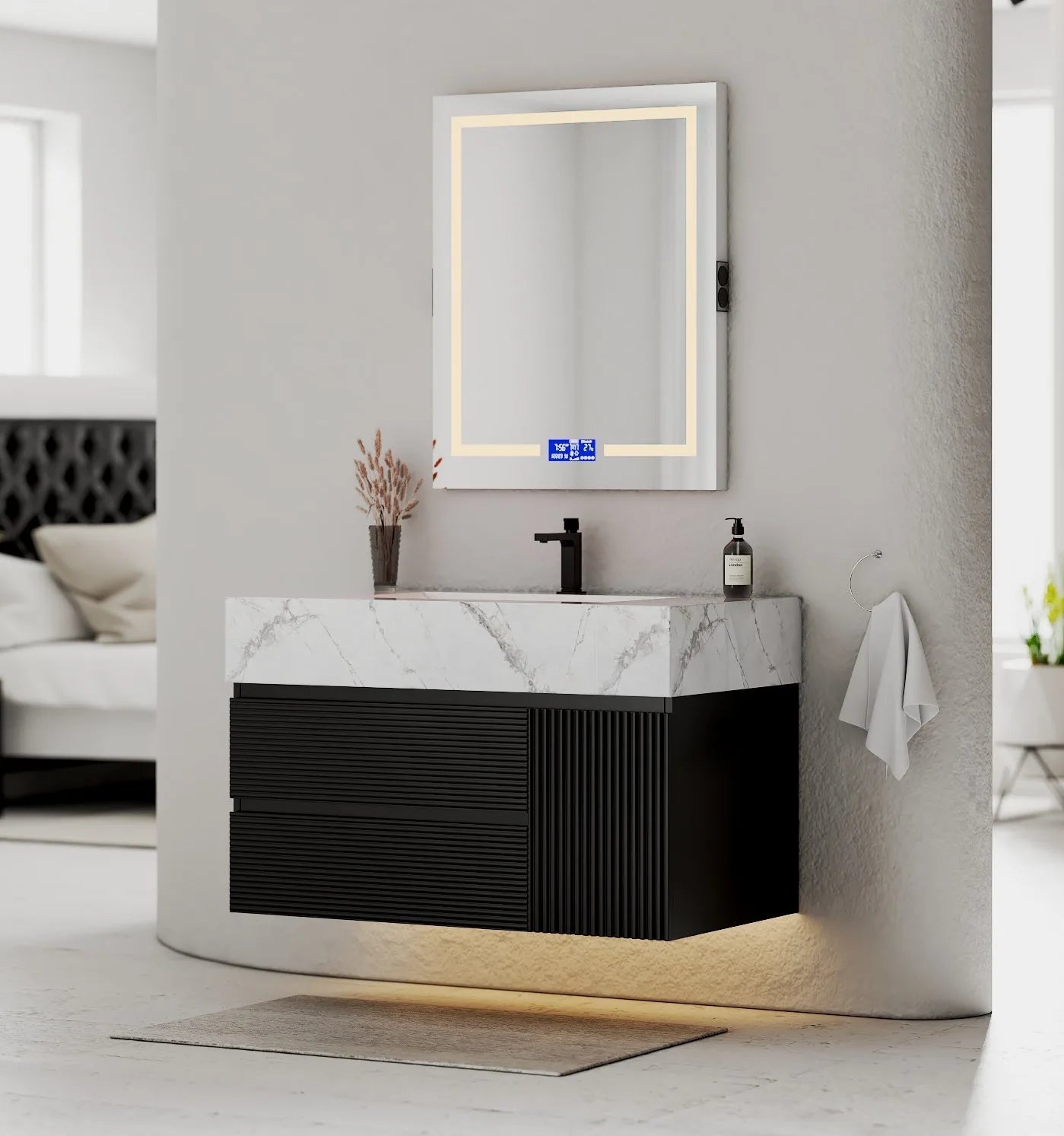 Aventino 32-48" Black Fluted Floating Single-Sink Vanity with Sintered Stone Top