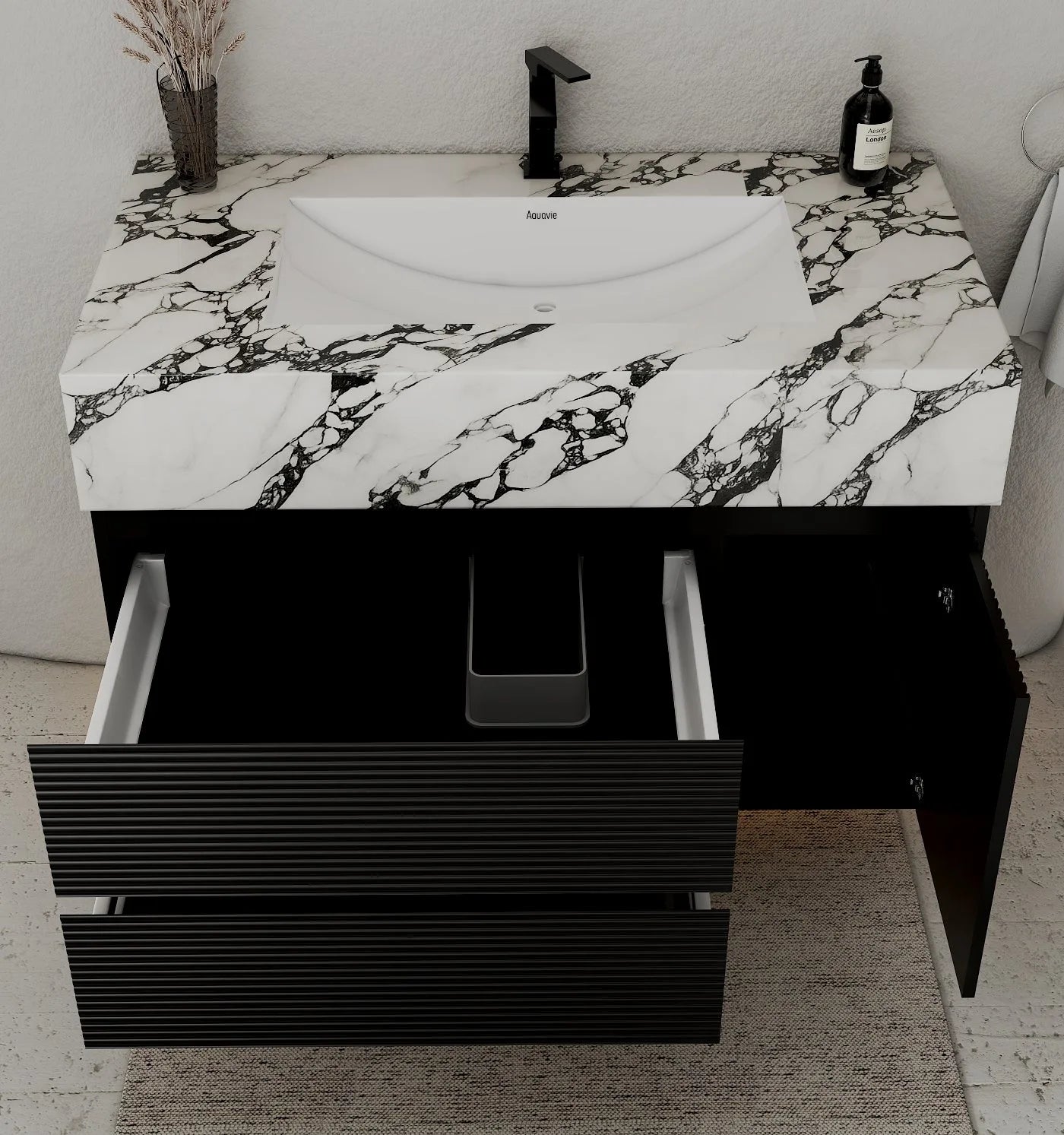 Aventino 32-48" Black Fluted Floating Single-Sink Vanity with Sintered Stone Top