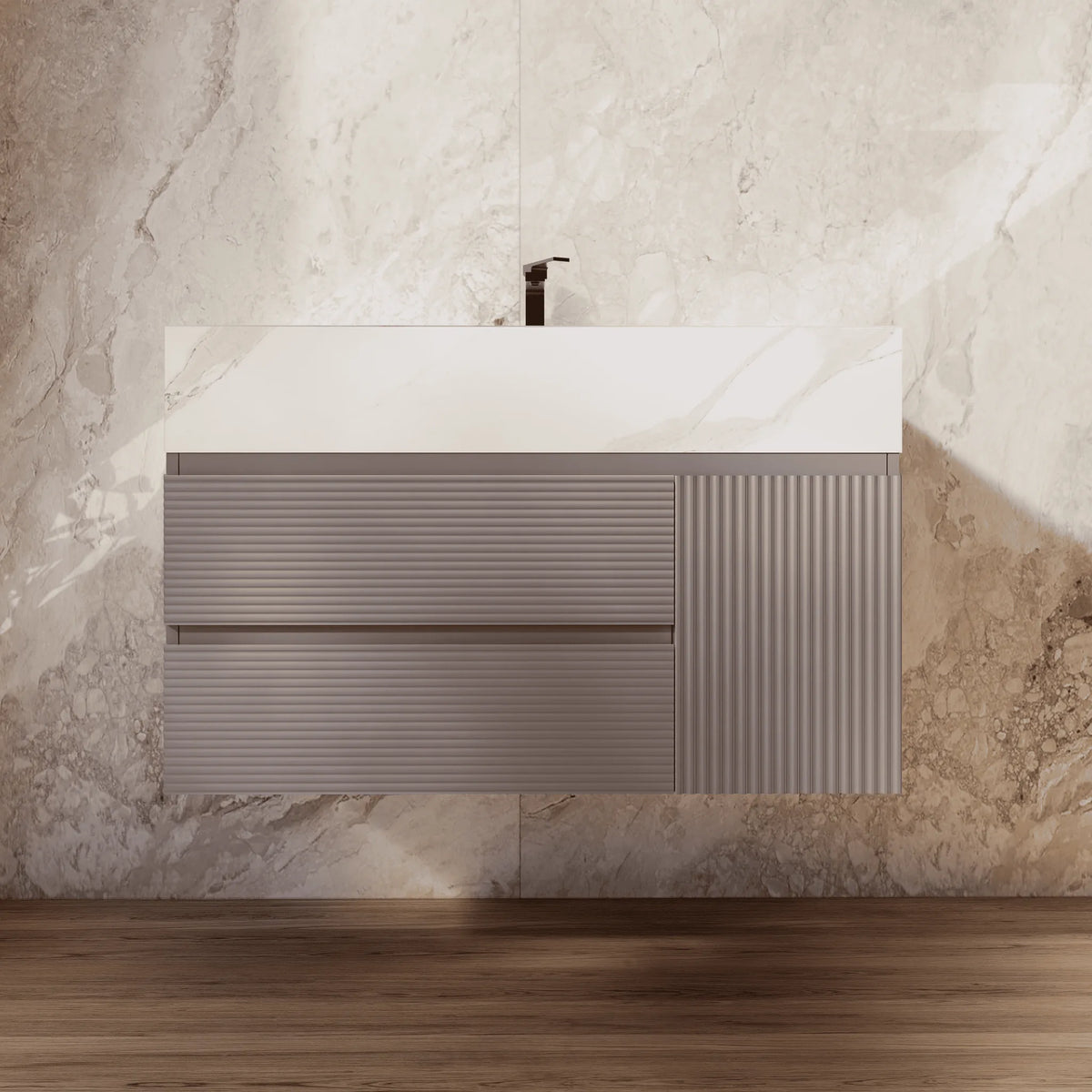 Aventino 32-48-inch white carrara fluted floating single-sink vanity — sintered stone top