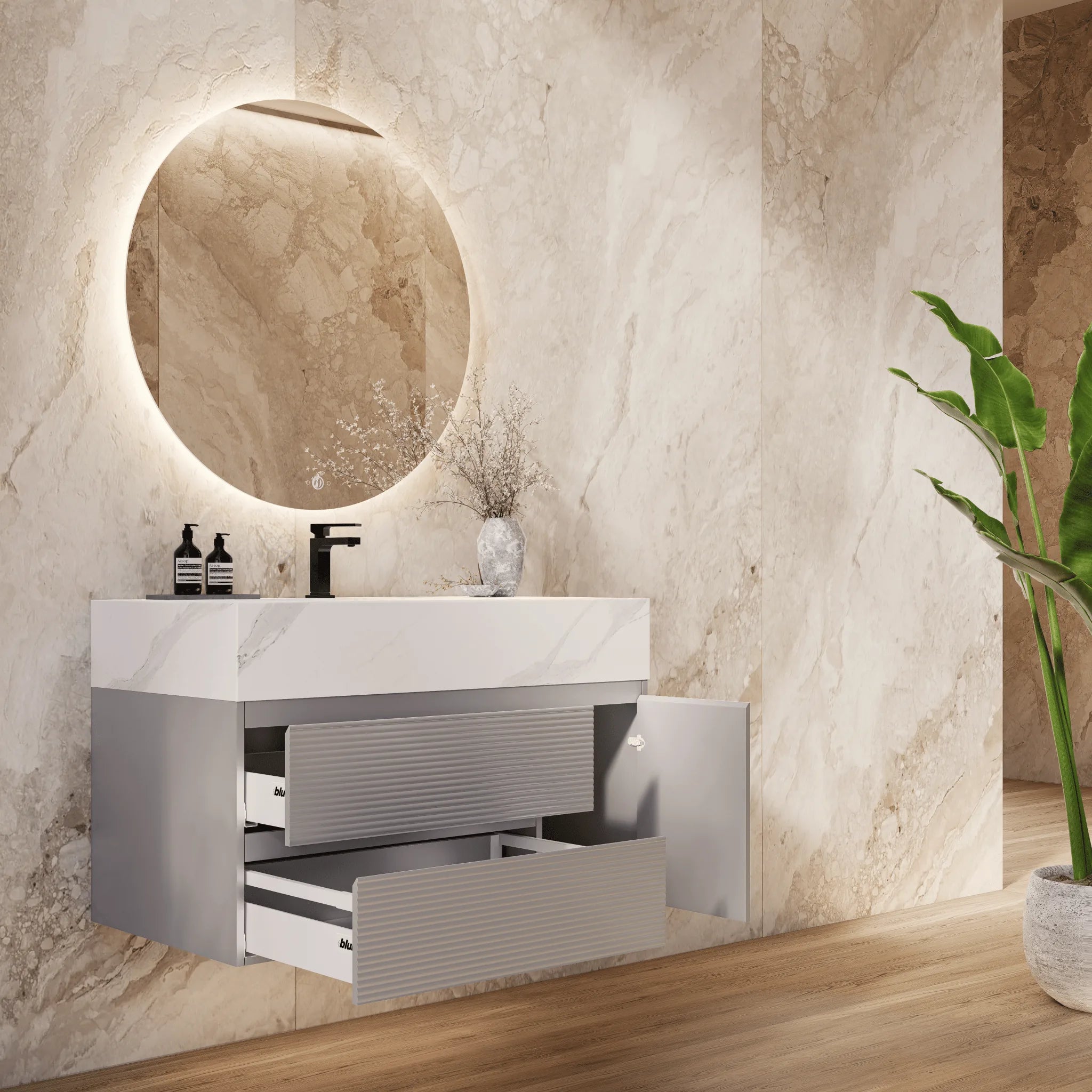 Aventino 32"/40"/48" Light Grey Fluted Floating Single-Sink Vanity with Sintered Stone Top