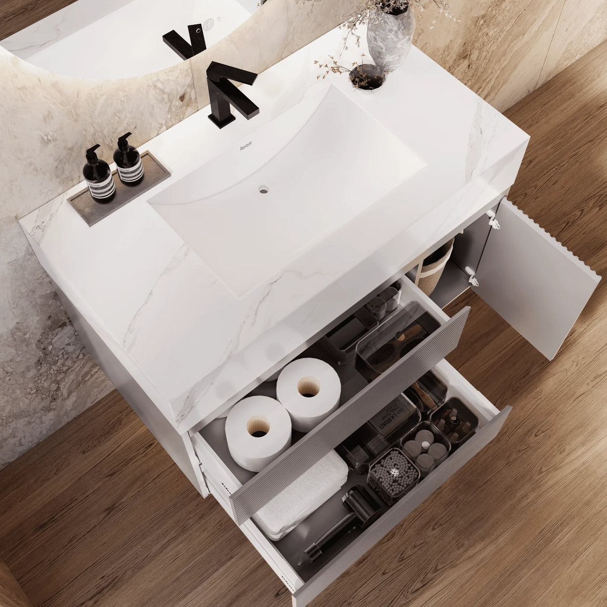 Aventino 32-48-inch white carrara fluted floating single-sink vanity — sintered stone top