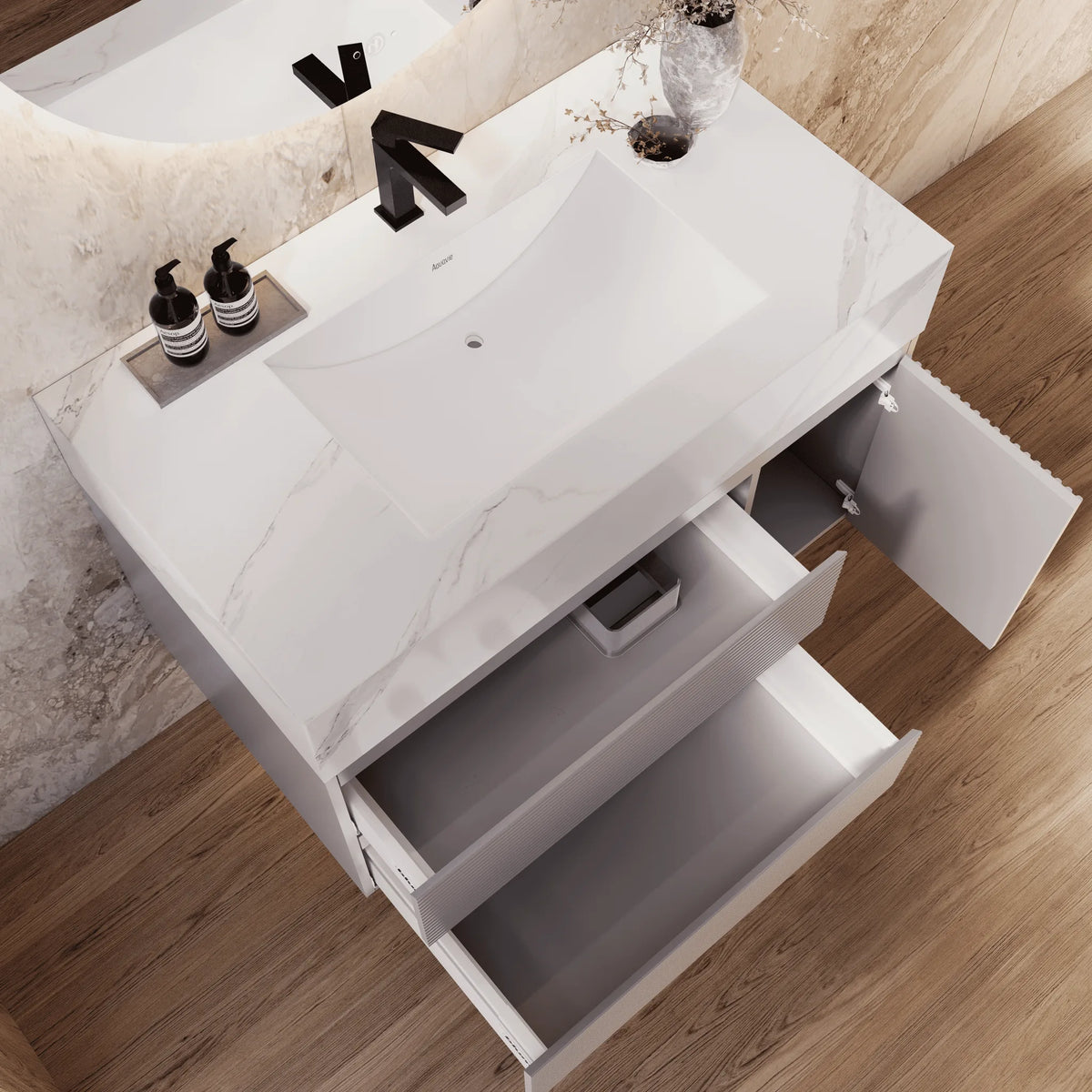 Aventino 32-48-inch white carrara fluted floating single-sink vanity — sintered stone top