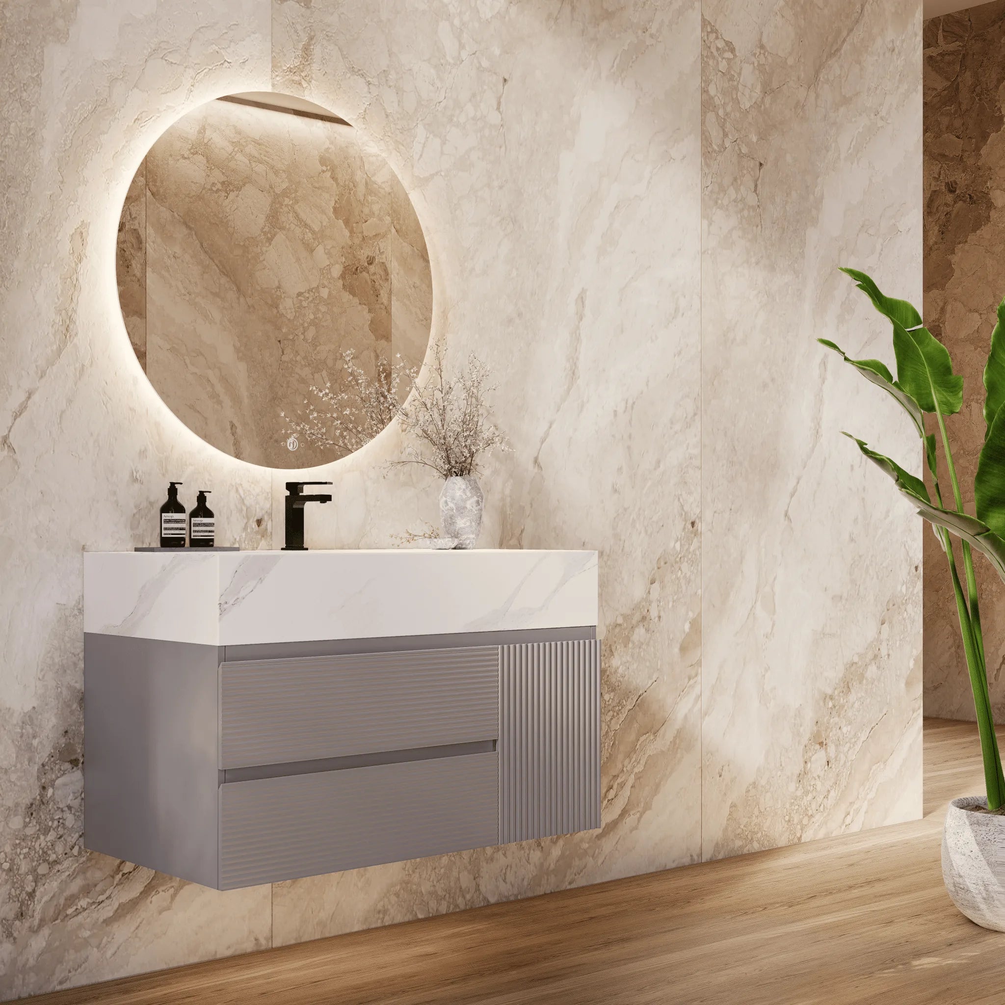 Aventino 32"/40"/48" Light Grey Fluted Floating Single-Sink Vanity with Sintered Stone Top