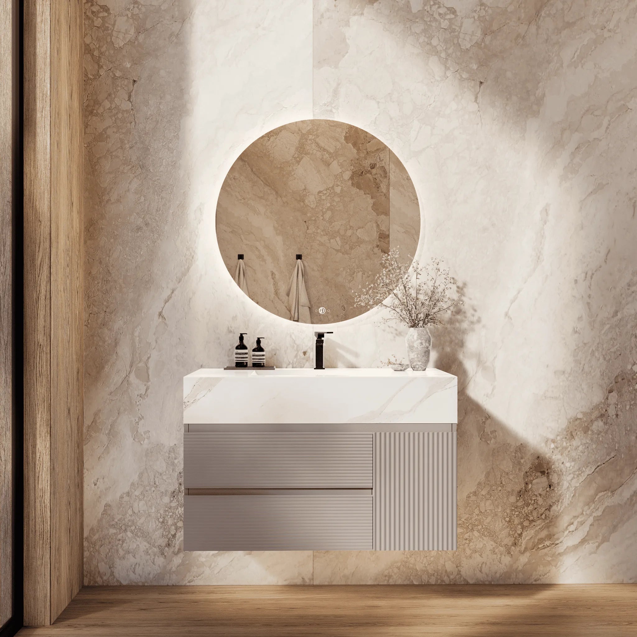 Aventino 32"/40"/48" Light Grey Fluted Floating Single-Sink Vanity with Sintered Stone Top