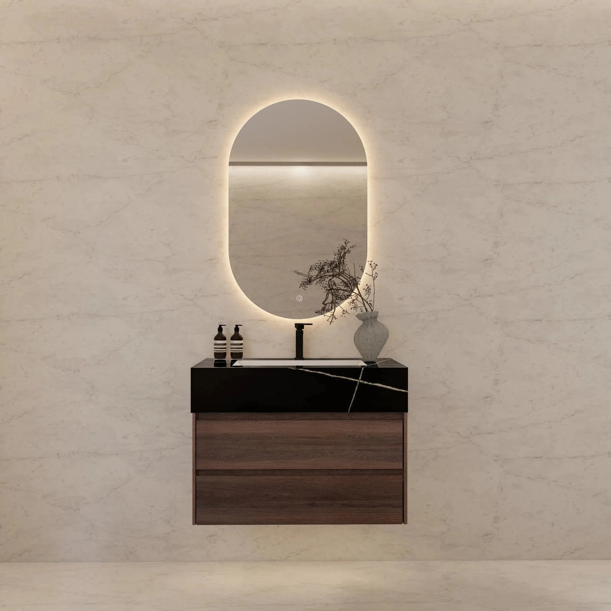 Aventino 32" Black Marquina Gold Veins single-sink flat floating vanity — sintered stone top